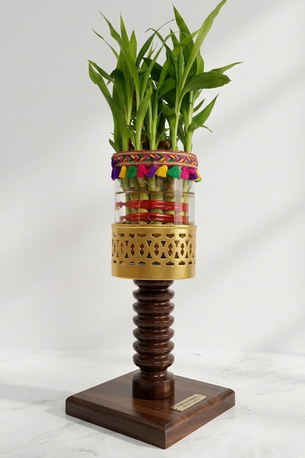 Lucky Bamboo Plant with Decorative Glass Vase & Wooden Pedestal Stand | Indoor Feng Shui Good Luck Plant for Home & Office Décor