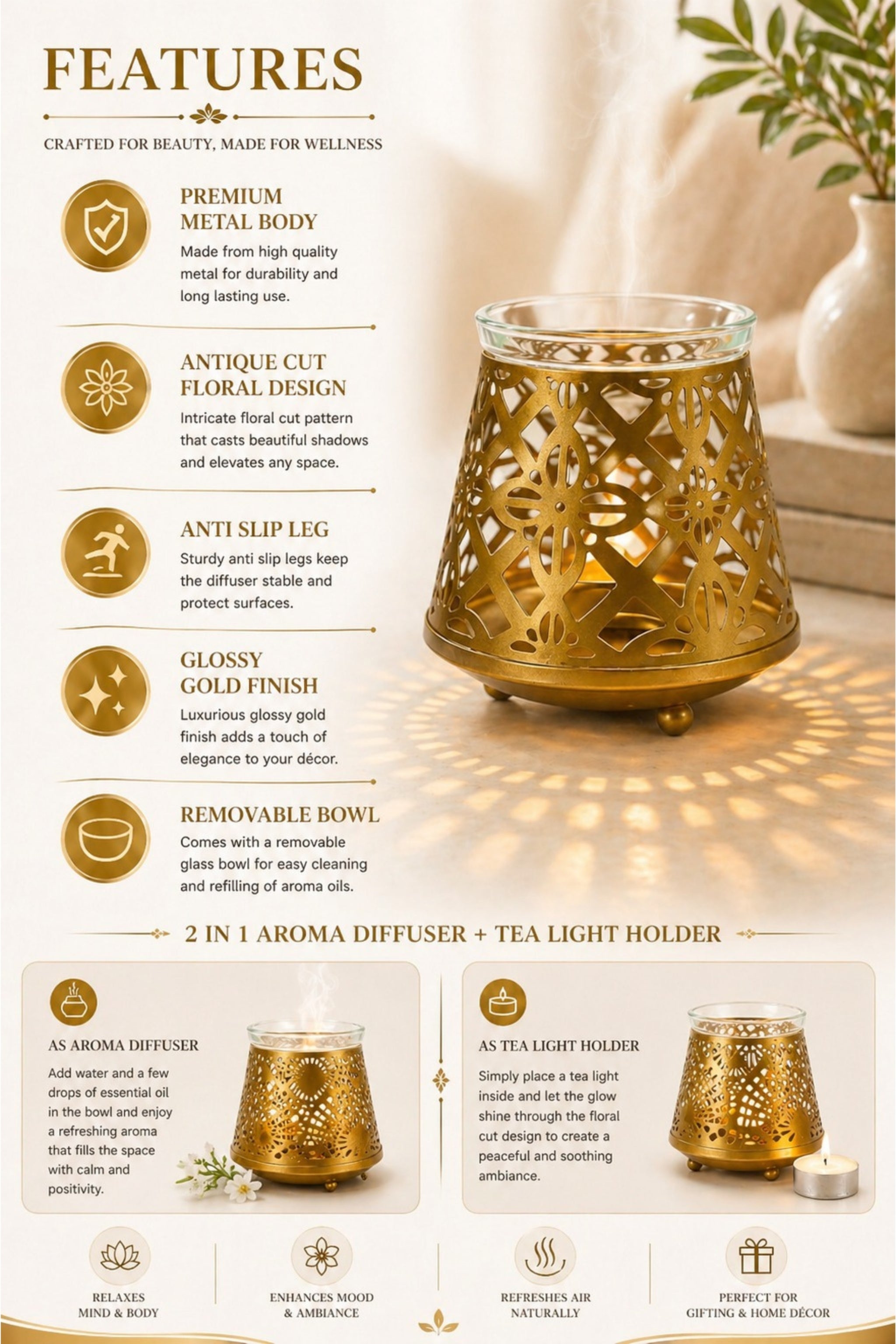 Golden Geometric Tealight Aroma Diffuser with Decorative Cutwork Design | Essential Oil Burner with Glass Bowl for Home, Spa & Relaxation | Fragrance Diffuser with Free 10ml Aroma Oil & 2 Tea Light Candles