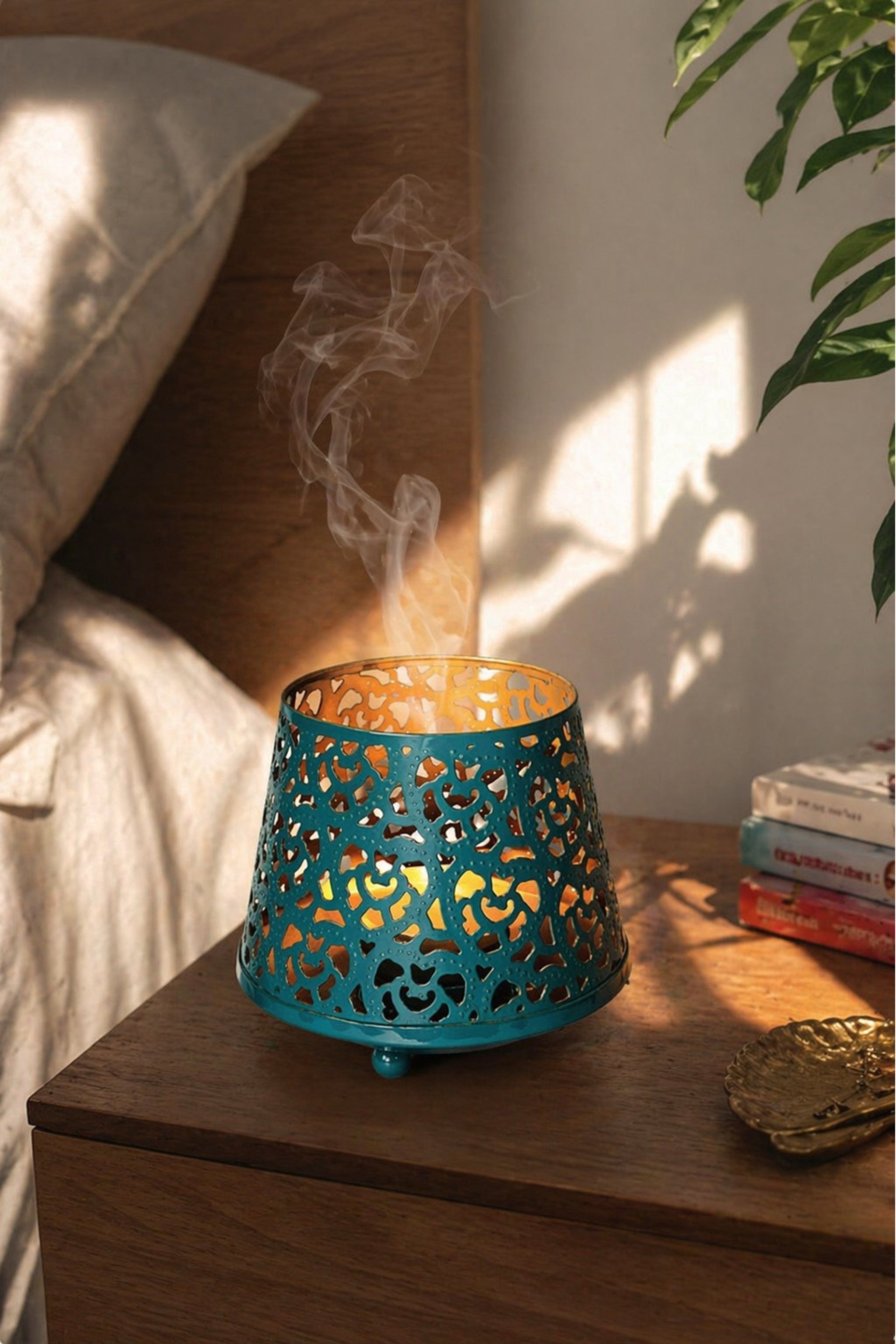 Teal Blue Tealight Aroma Diffuser with Decorative Cutwork Design | Essential Oil Burner with Glass Bowl for Home, Spa & Relaxation | Fragrance Diffuser with Free 10ml Aroma Oil & 2 Tea Light Candles