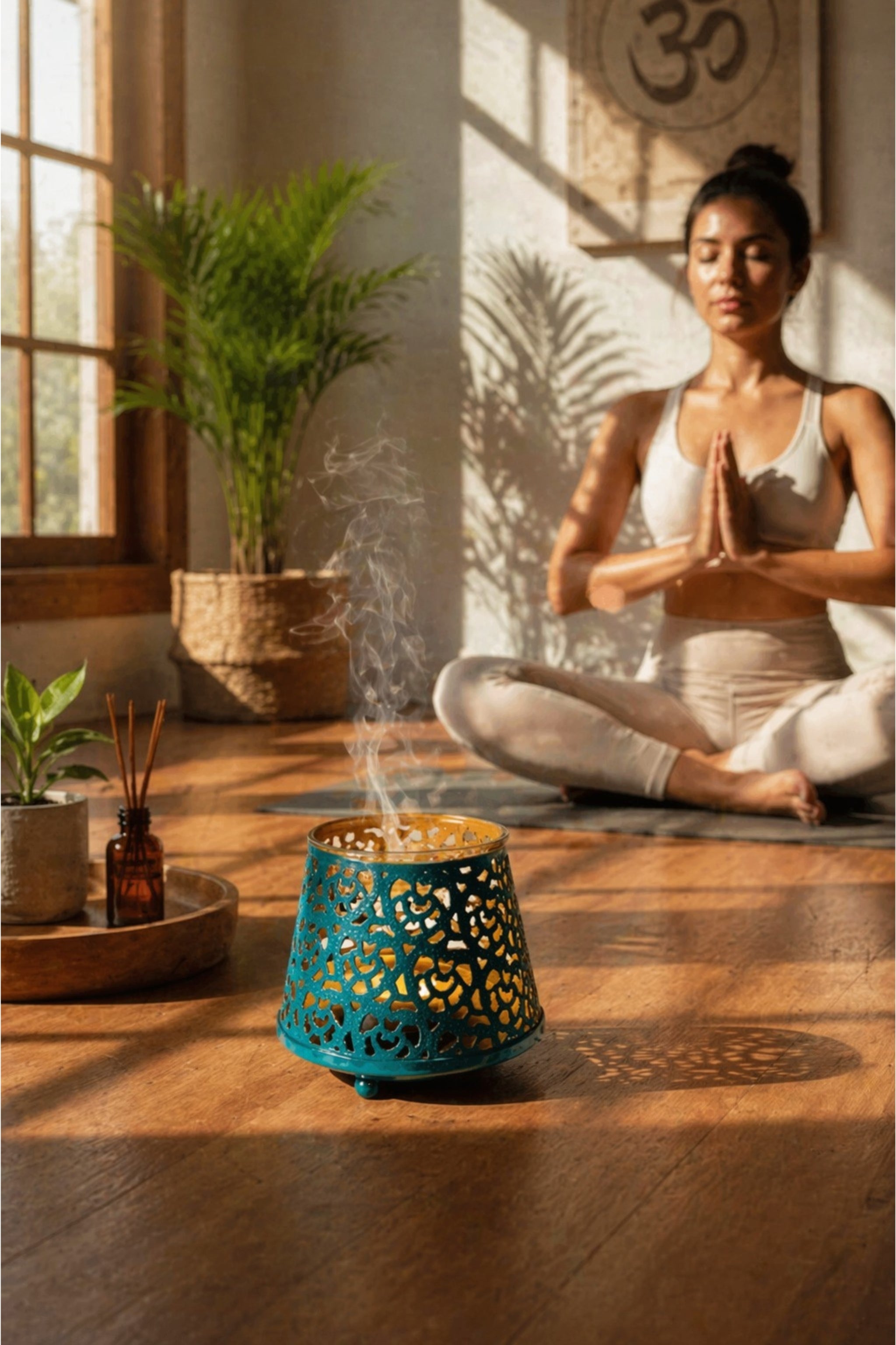 Teal Blue Tealight Aroma Diffuser with Decorative Cutwork Design | Essential Oil Burner with Glass Bowl for Home, Spa & Relaxation | Fragrance Diffuser with Free 10ml Aroma Oil & 2 Tea Light Candles