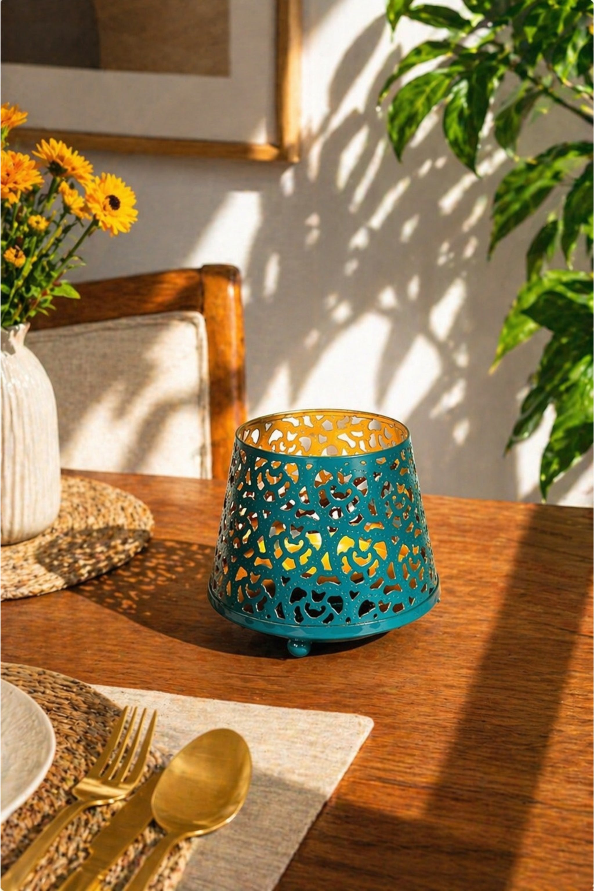 Teal Blue Tealight Aroma Diffuser with Decorative Cutwork Design | Essential Oil Burner with Glass Bowl for Home, Spa & Relaxation | Fragrance Diffuser with Free 10ml Aroma Oil & 2 Tea Light Candles