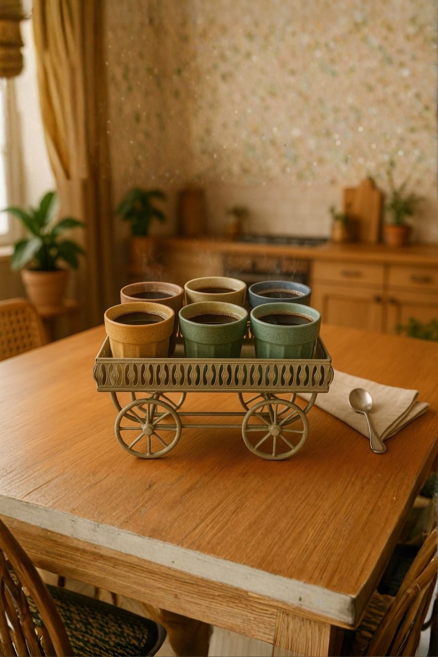 Ceramic Kulhad Tea Cups Set of 6 with Metal Trolley Stand | Traditional Handmade Tea Cup Set for Tea, Coffee & Beverages | Stylish Serving Set for Home, Kitchen & Gifting