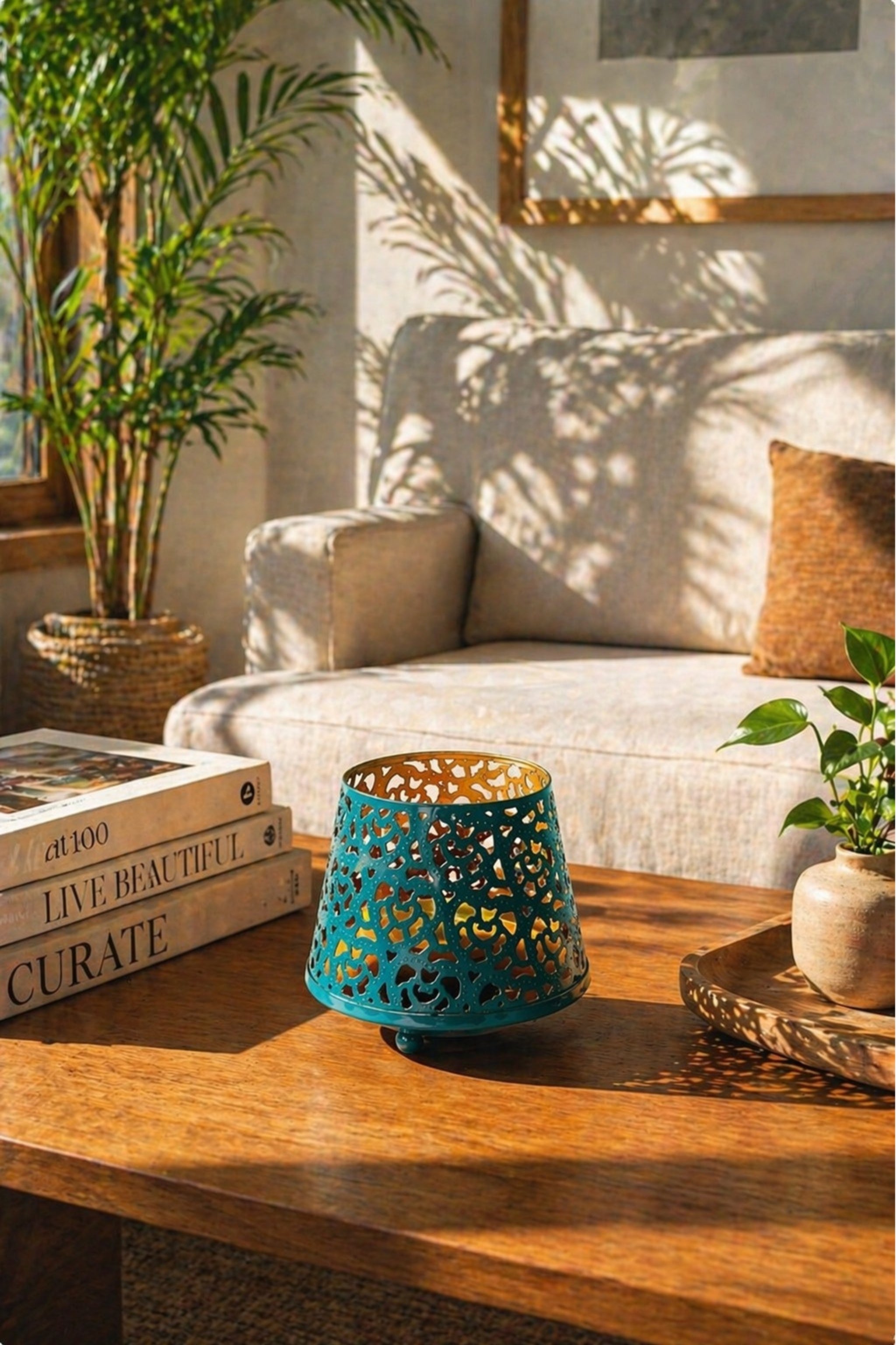 Teal Blue Tealight Aroma Diffuser with Decorative Cutwork Design | Essential Oil Burner with Glass Bowl for Home, Spa & Relaxation | Fragrance Diffuser with Free 10ml Aroma Oil & 2 Tea Light Candles