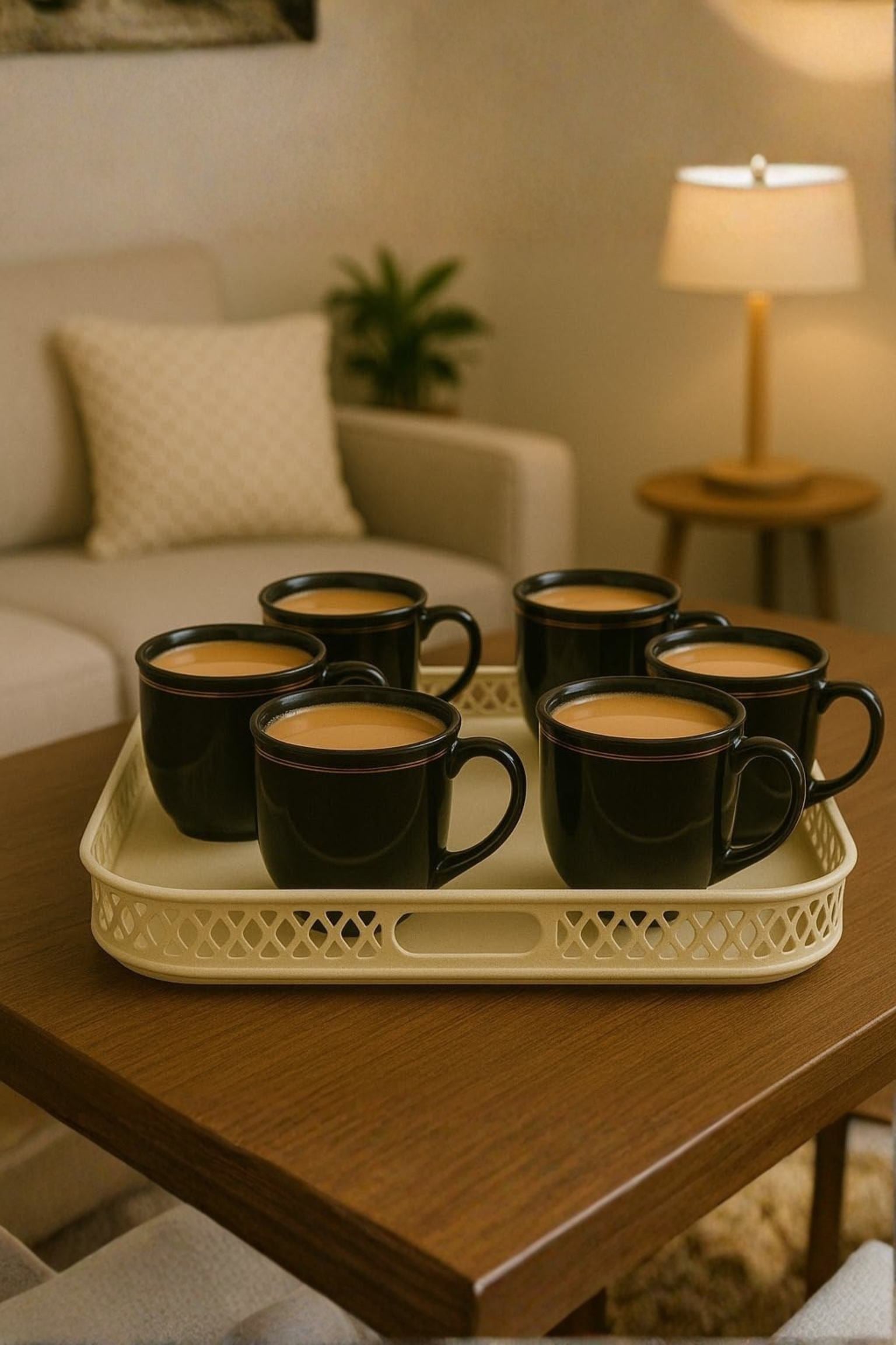 Set Of 6 Black Tea Coffee Cups With Ivory Metal Tray | Porcelain Mug Set With Serving Tray For Home, Office & Gifting