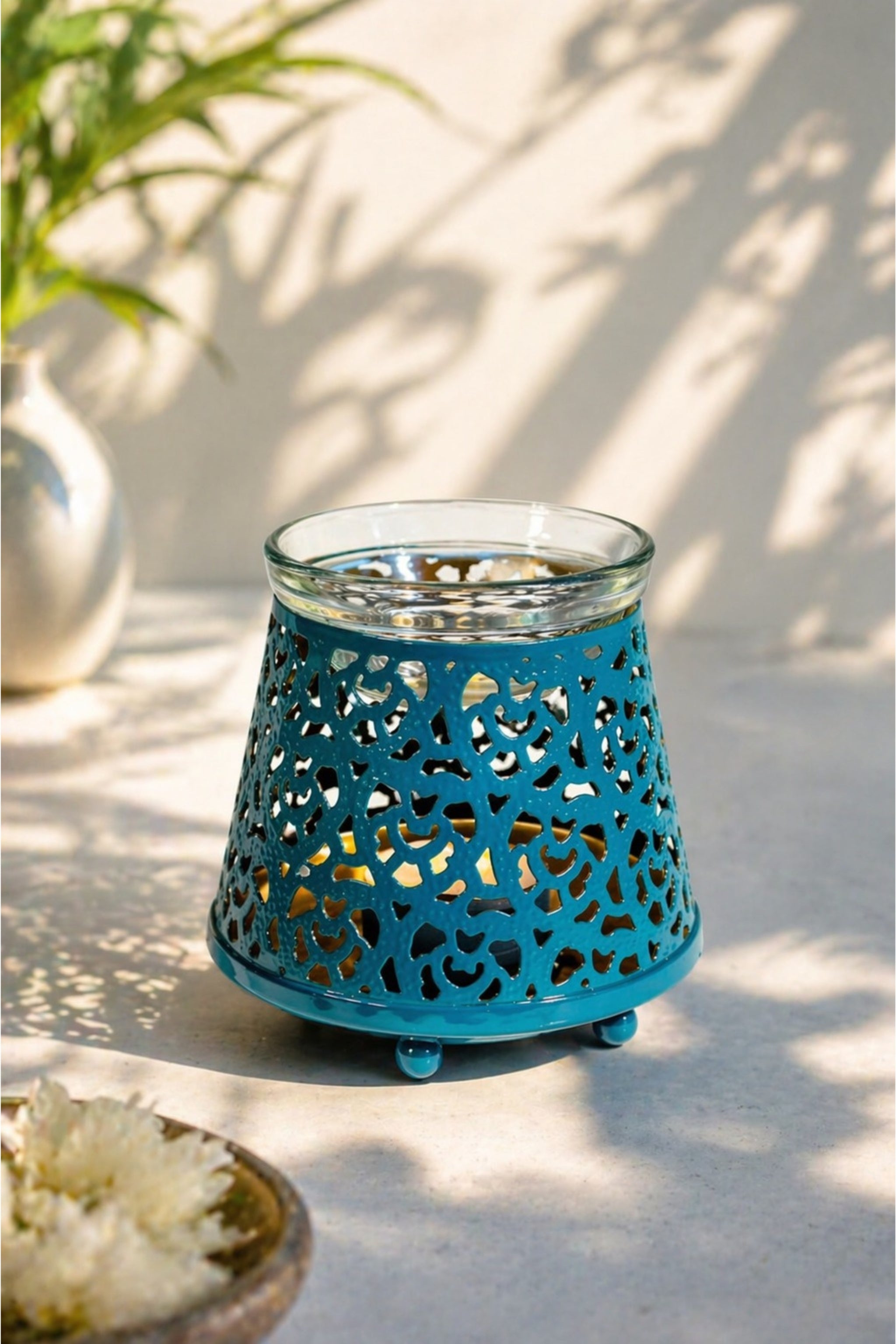 Teal Blue Tealight Aroma Diffuser with Decorative Cutwork Design | Essential Oil Burner with Glass Bowl for Home, Spa & Relaxation | Fragrance Diffuser with Free 10ml Aroma Oil & 2 Tea Light Candles