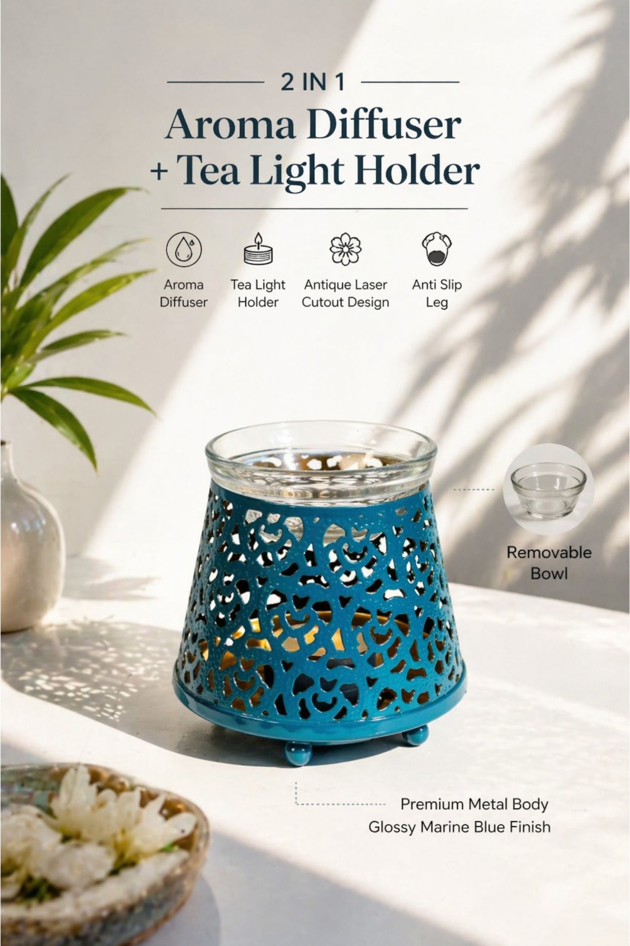 Teal Blue Tealight Aroma Diffuser with Decorative Cutwork Design | Essential Oil Burner with Glass Bowl for Home, Spa & Relaxation | Fragrance Diffuser with Free 10ml Aroma Oil & 2 Tea Light Candles