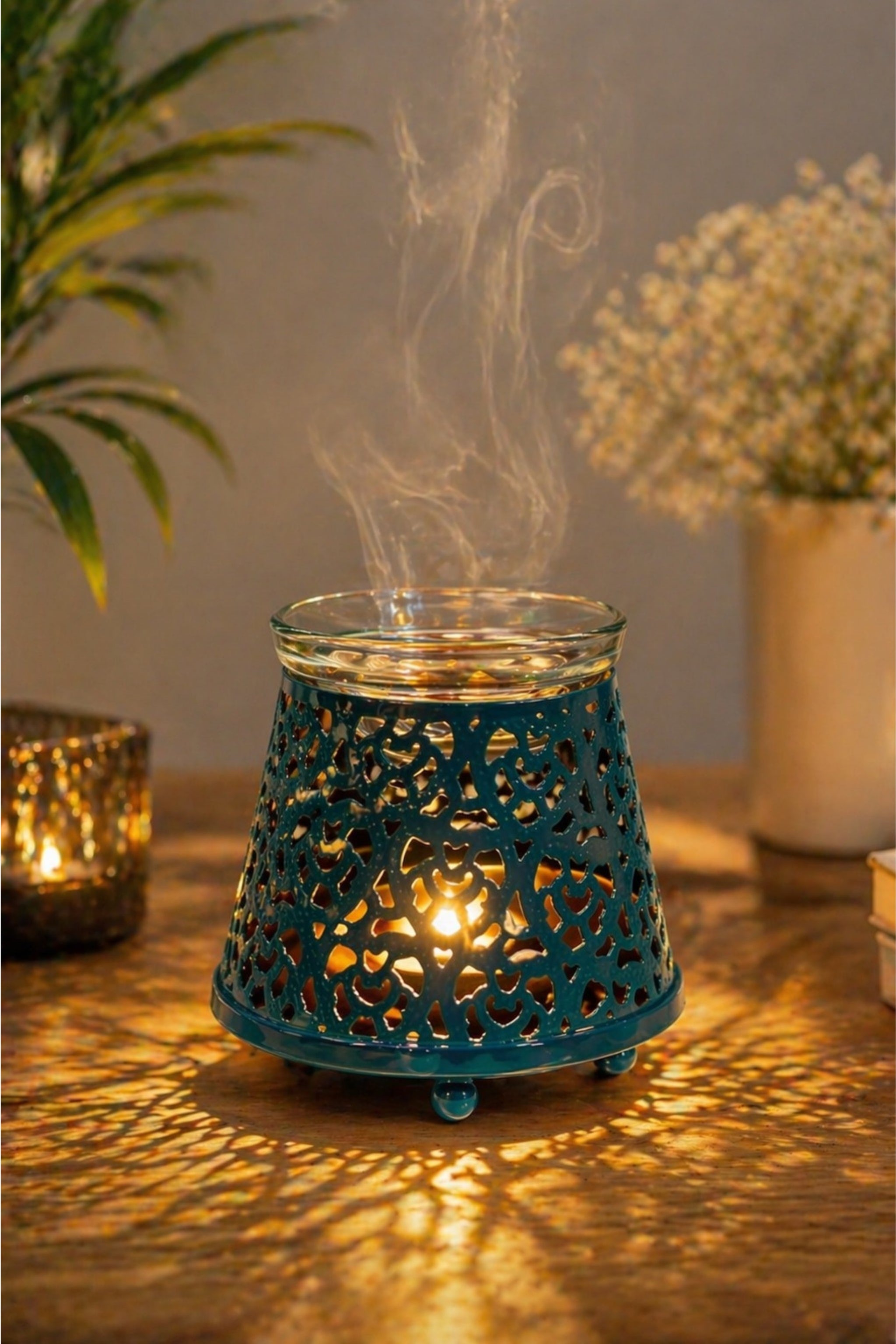 Teal Blue Tealight Aroma Diffuser with Decorative Cutwork Design | Essential Oil Burner with Glass Bowl for Home, Spa & Relaxation | Fragrance Diffuser with Free 10ml Aroma Oil & 2 Tea Light Candles