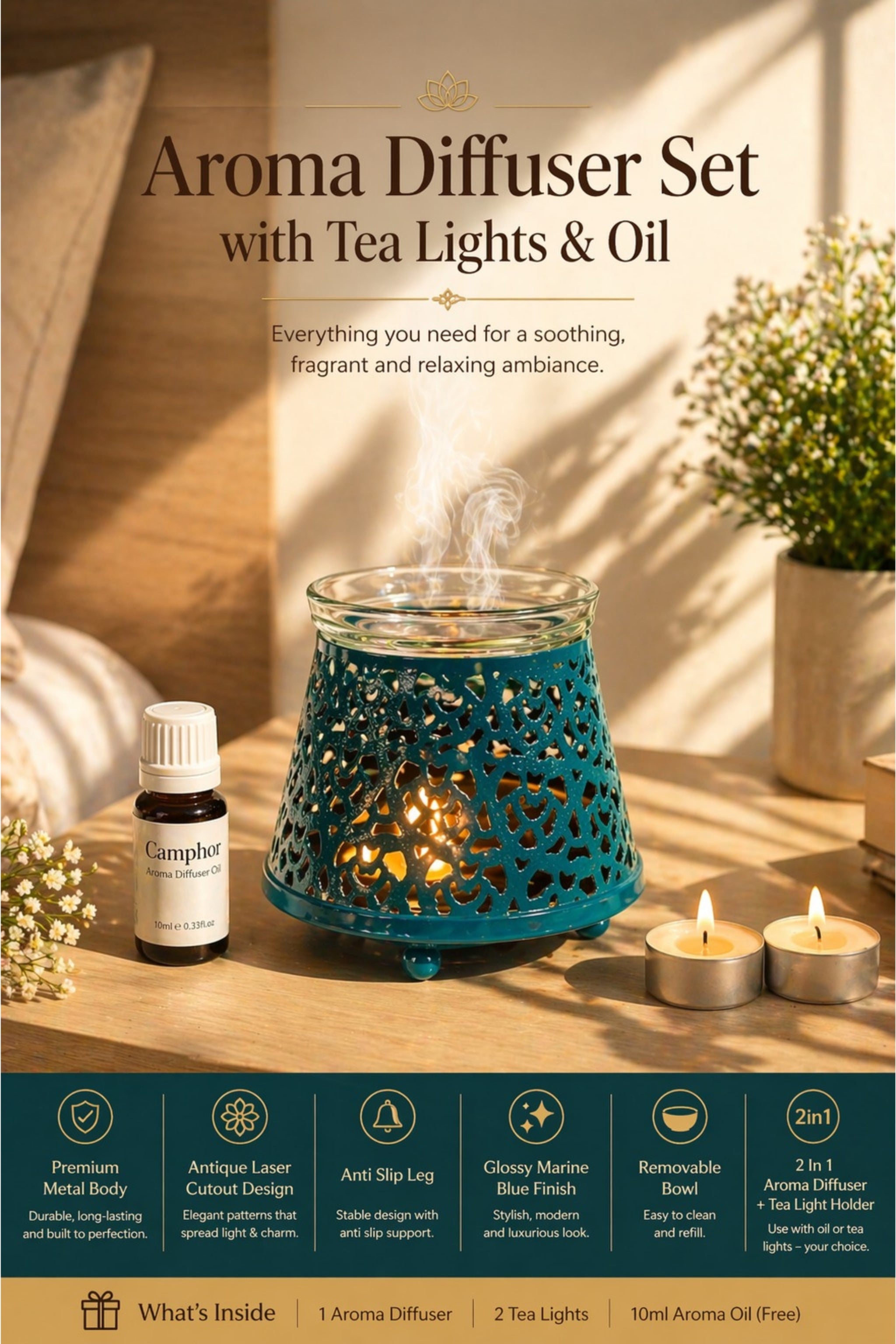 Teal Blue Tealight Aroma Diffuser with Decorative Cutwork Design | Essential Oil Burner with Glass Bowl for Home, Spa & Relaxation | Fragrance Diffuser with Free 10ml Aroma Oil & 2 Tea Light Candles