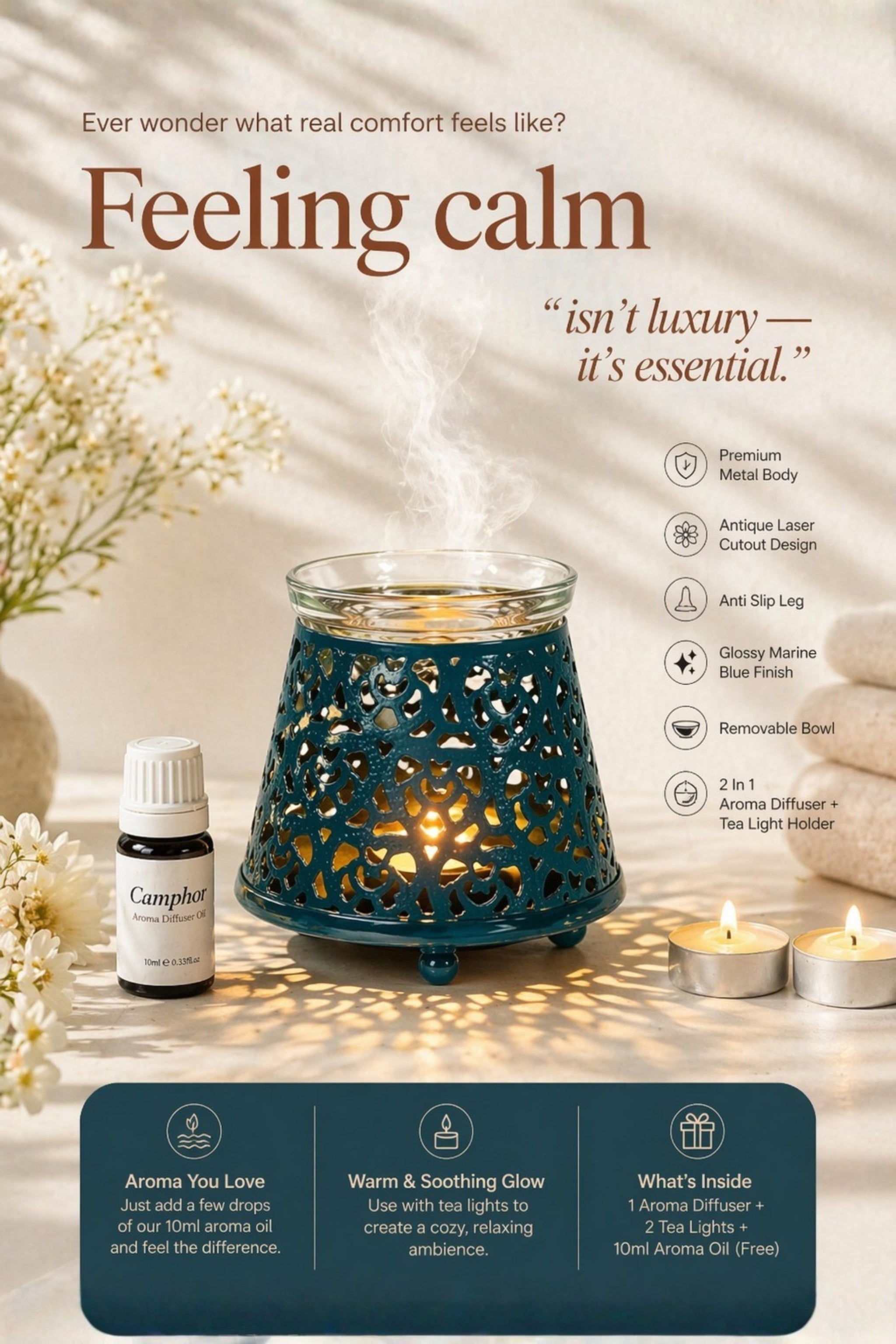 Teal Blue Tealight Aroma Diffuser with Decorative Cutwork Design | Essential Oil Burner with Glass Bowl for Home, Spa & Relaxation | Fragrance Diffuser with Free 10ml Aroma Oil & 2 Tea Light Candles