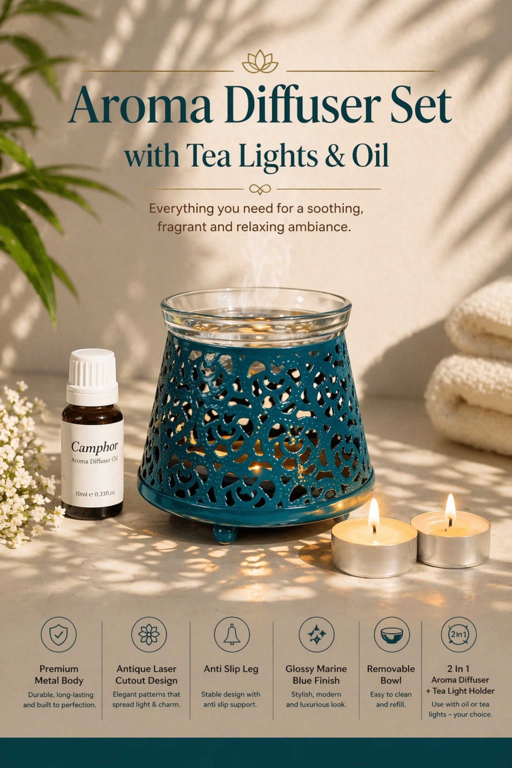 Teal Blue Tealight Aroma Diffuser with Decorative Cutwork Design | Essential Oil Burner with Glass Bowl for Home, Spa & Relaxation | Fragrance Diffuser with Free 10ml Aroma Oil & 2 Tea Light Candles
