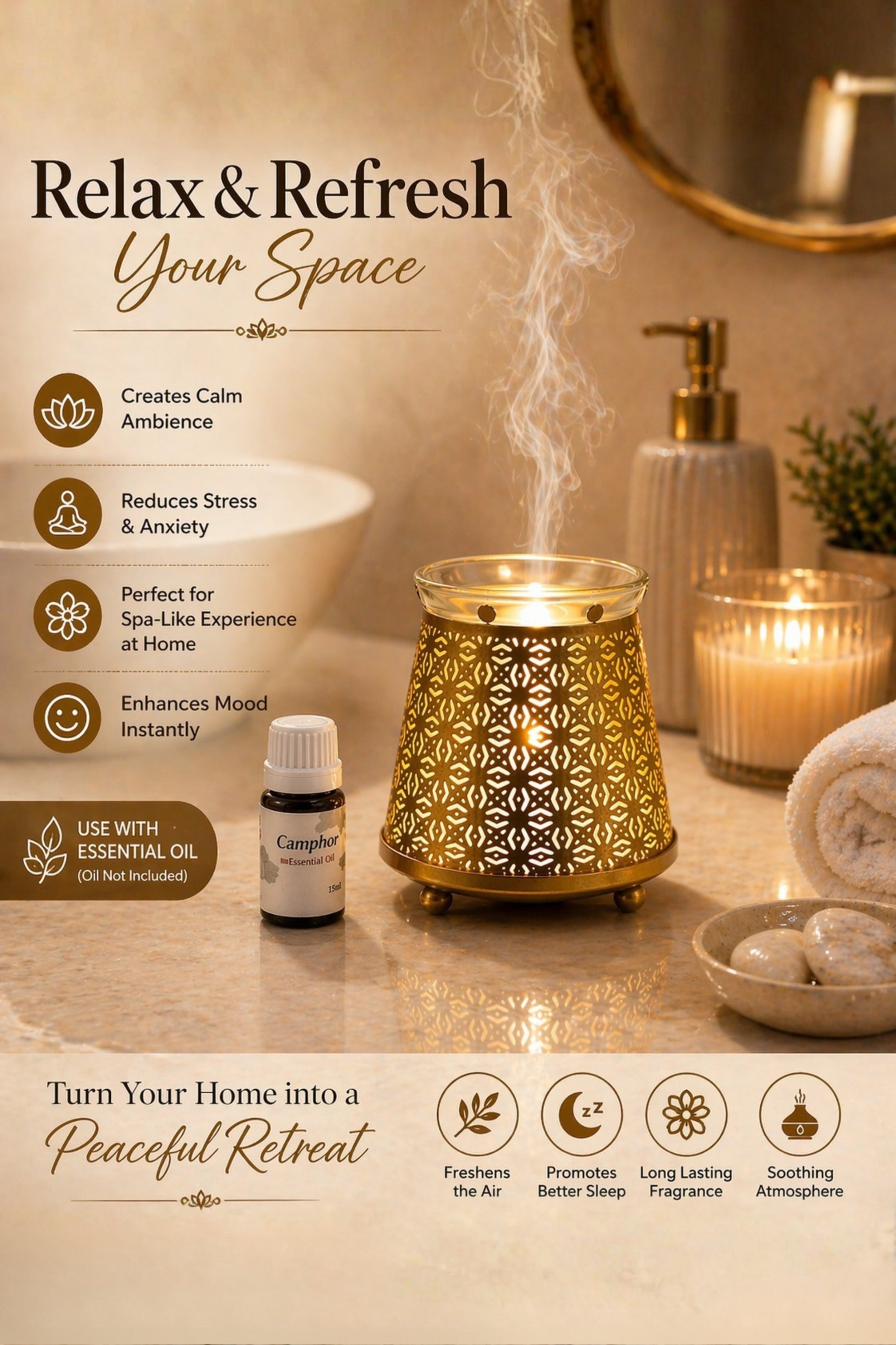 Golden Electric Aroma Diffuser with Geometric Cutwork Design | Essential Oil Burner Lamp with Glass Bowl for Home, Spa & Relaxation | Decorative Fragrance Diffuser for Bedroom & Gifting