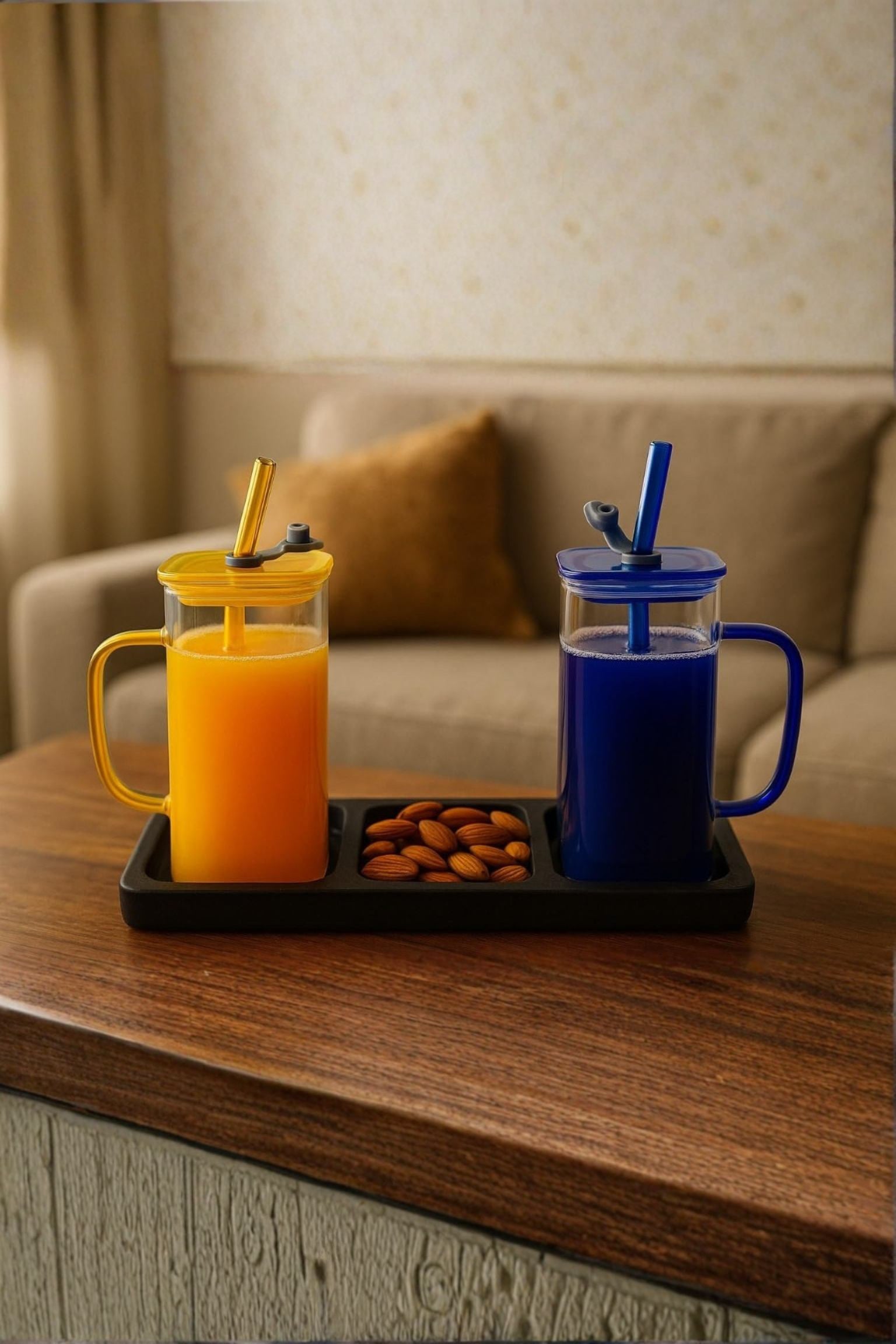 Double Wall Juice Glass Set Of 2 With Lid & Straw With MDF Serving Tray | Square Transparent Drink Glasses For Juice Water Cold Coffee Smoothies