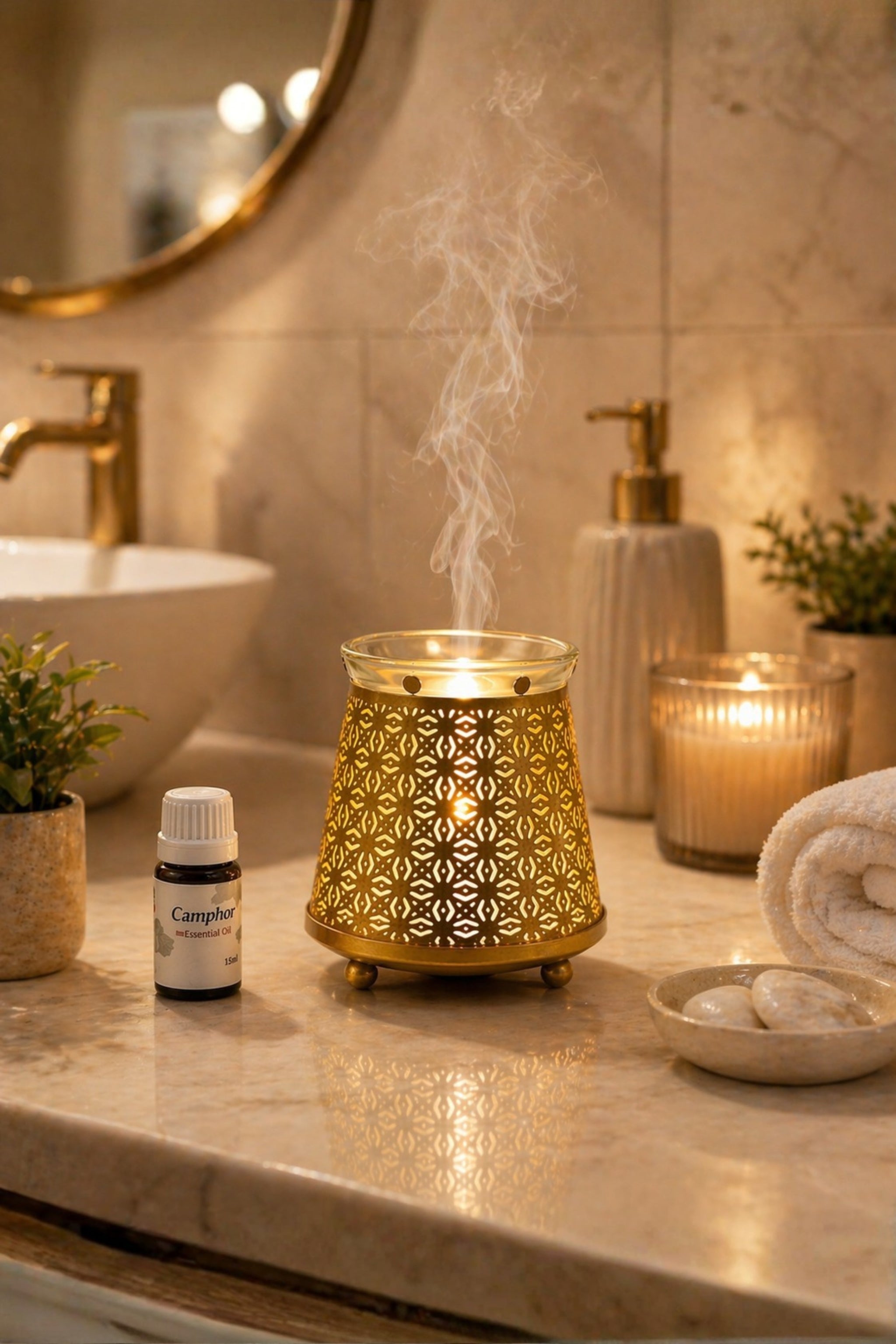 Golden Electric Aroma Diffuser with Geometric Cutwork Design | Essential Oil Burner Lamp with Glass Bowl for Home, Spa & Relaxation | Decorative Fragrance Diffuser for Bedroom & Gifting