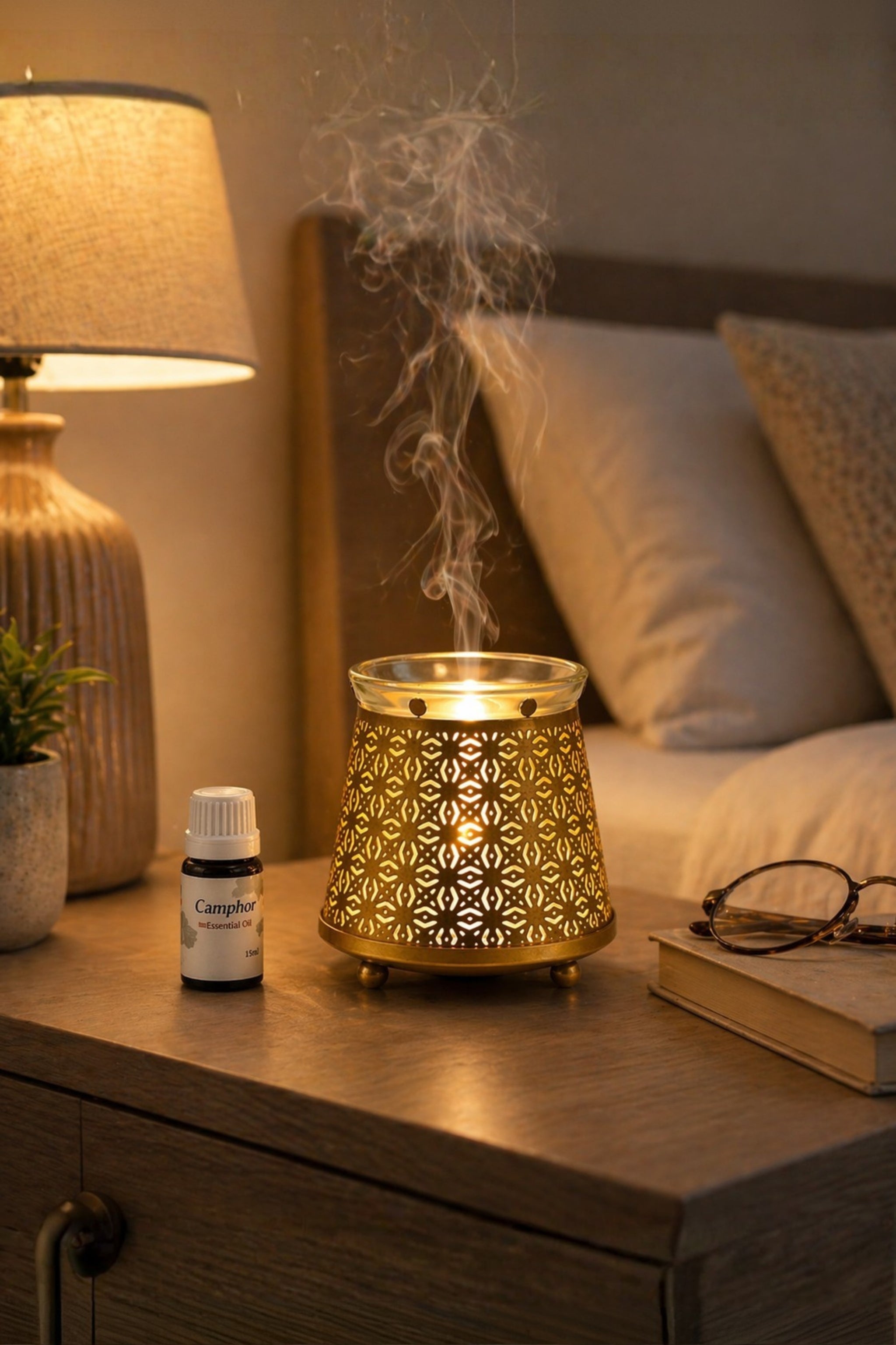 Golden Electric Aroma Diffuser with Geometric Cutwork Design | Essential Oil Burner Lamp with Glass Bowl for Home, Spa & Relaxation | Decorative Fragrance Diffuser for Bedroom & Gifting