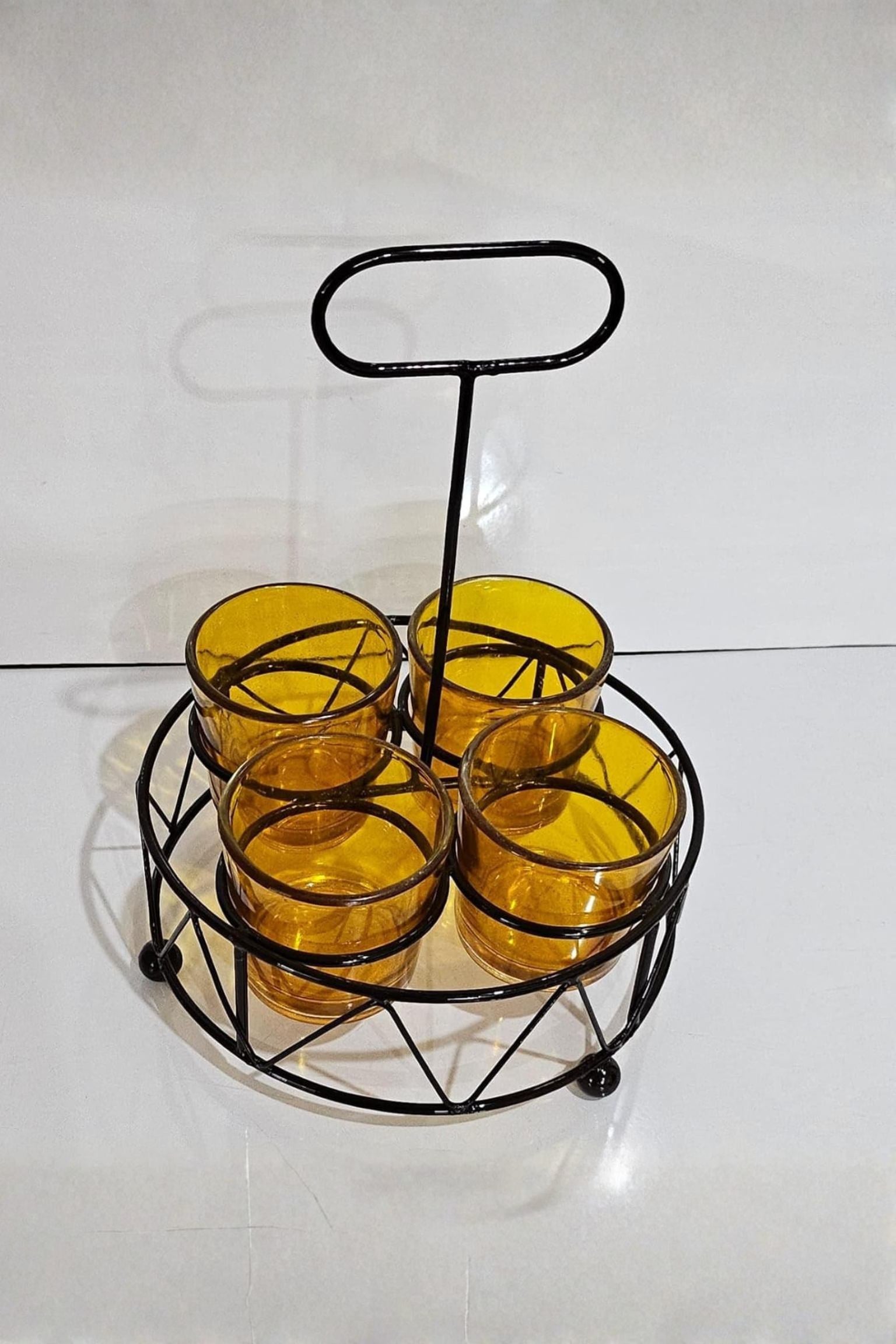 Shot Glass Set Of 4 With Metal Stand | Amber Glass Mini Shot Cups With Round Iron Holder | Dhaba Style Serving Set For Vodka Tequila Whiskey