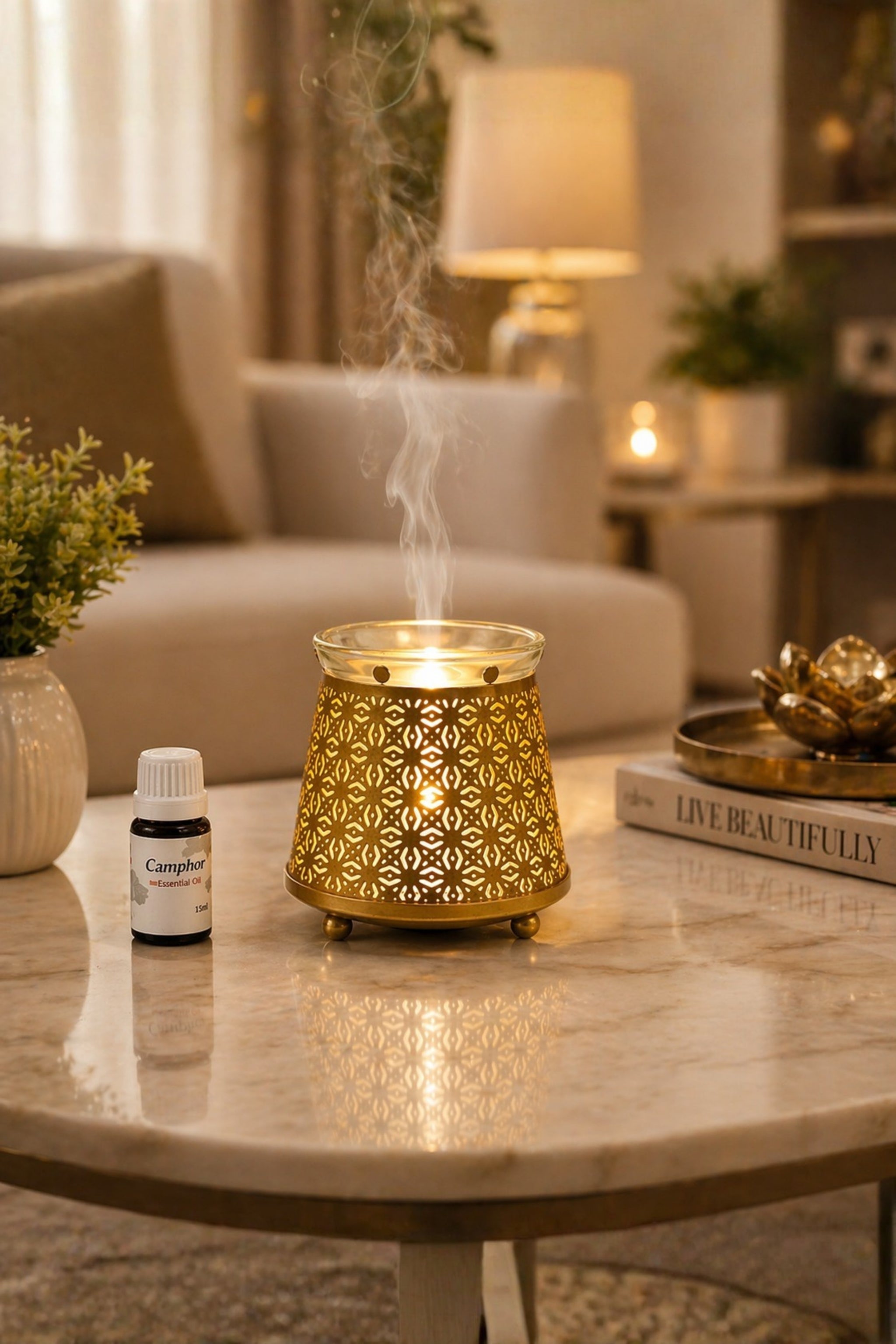Golden Electric Aroma Diffuser with Geometric Cutwork Design | Essential Oil Burner Lamp with Glass Bowl for Home, Spa & Relaxation | Decorative Fragrance Diffuser for Bedroom & Gifting