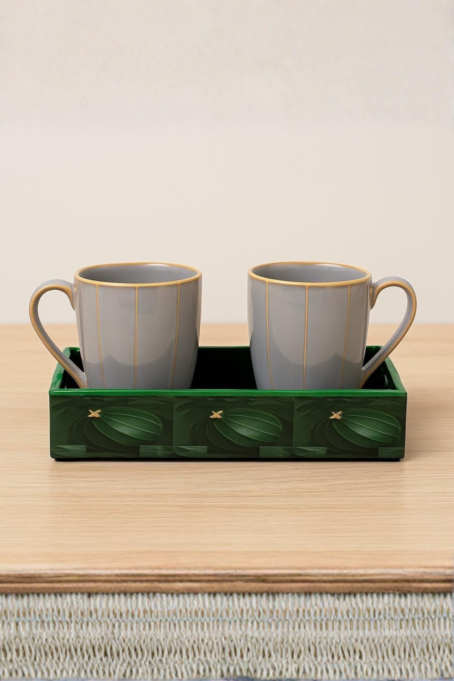 Premium Grey Ceramic Coffee Mug Set with Decorative Tray | 2 Pcs Elegant Tea & Coffee Cups | Gold Line Finish Drinkware with Designer Green Serving Base | Luxury Gifting Set for Home & Office