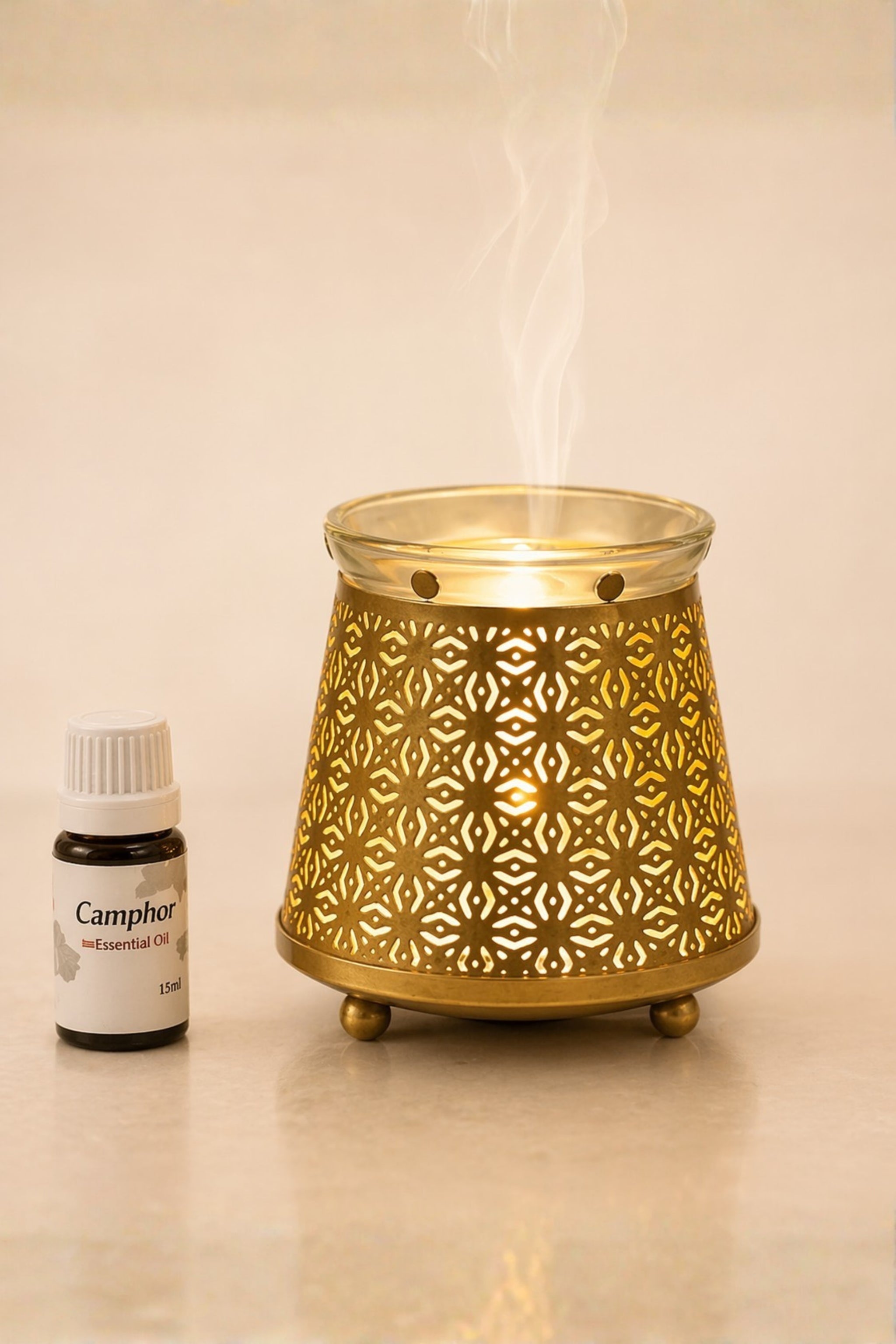 Golden Electric Aroma Diffuser with Geometric Cutwork Design | Essential Oil Burner Lamp with Glass Bowl for Home, Spa & Relaxation | Decorative Fragrance Diffuser for Bedroom & Gifting