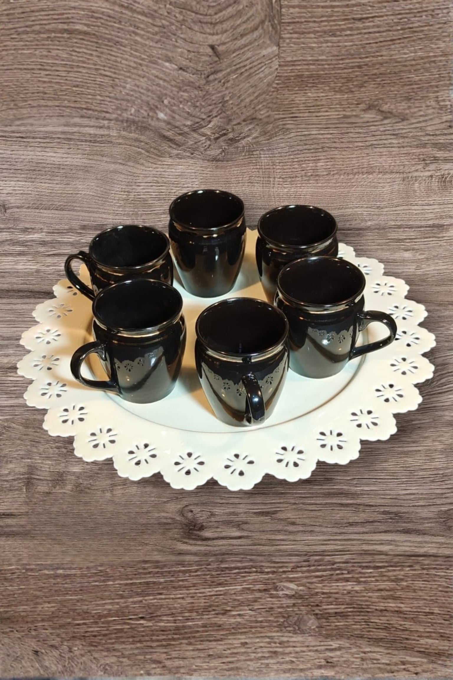 Premium Black Ceramic Tea & Coffee Cup Set with Designer Serving Tray | 6 Pcs Elegant Glossy Mugs | Stylish Drinkware Combo with Decorative Round Tray | Ideal for Home, Office & Gifting