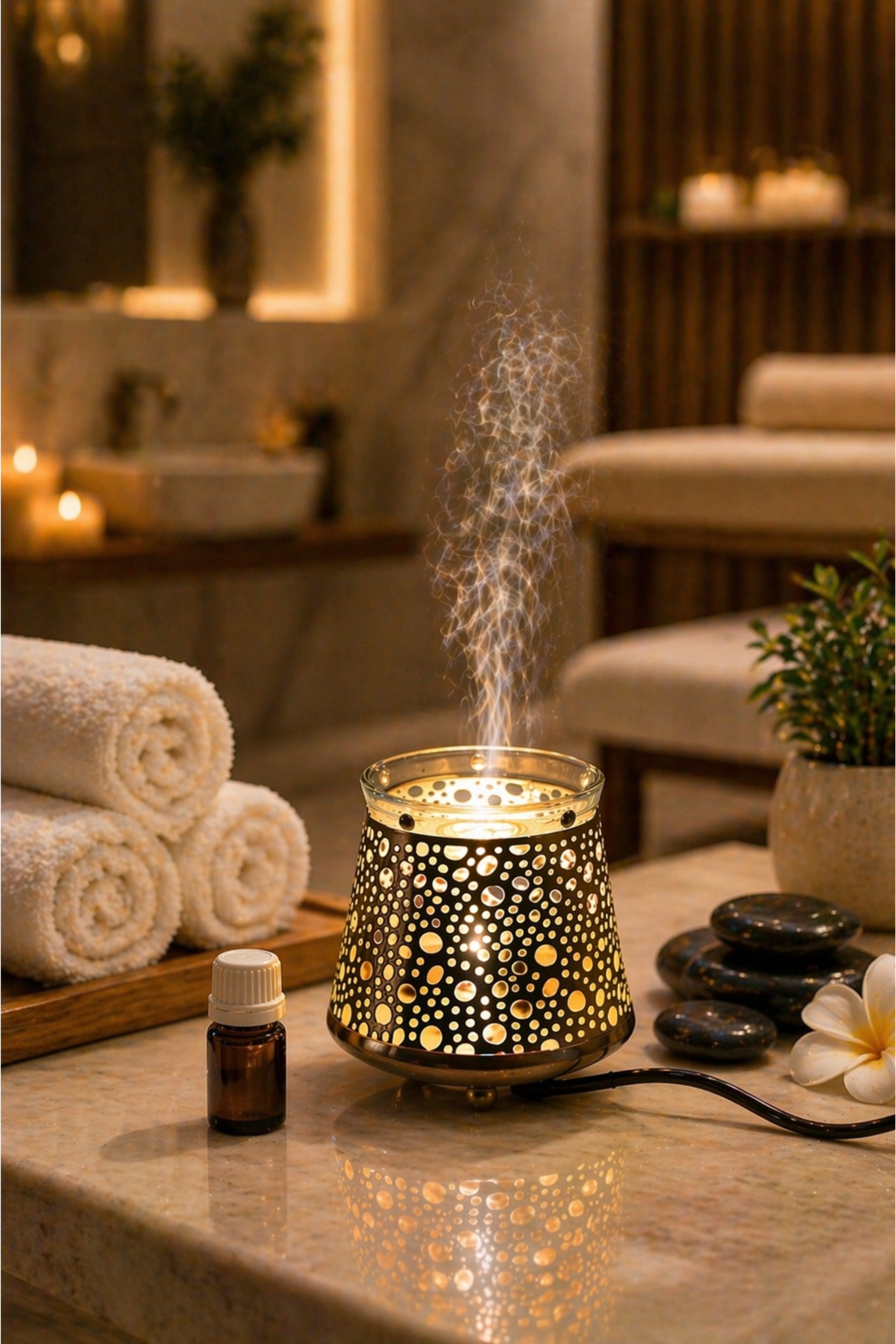 Golden Dome Electric Aroma Diffuser with Perforated Metal Design | Essential Oil Burner Lamp with Glass Bowl for Home, Spa & Relaxation | Decorative Fragrance Diffuser for Bedroom & Gifting