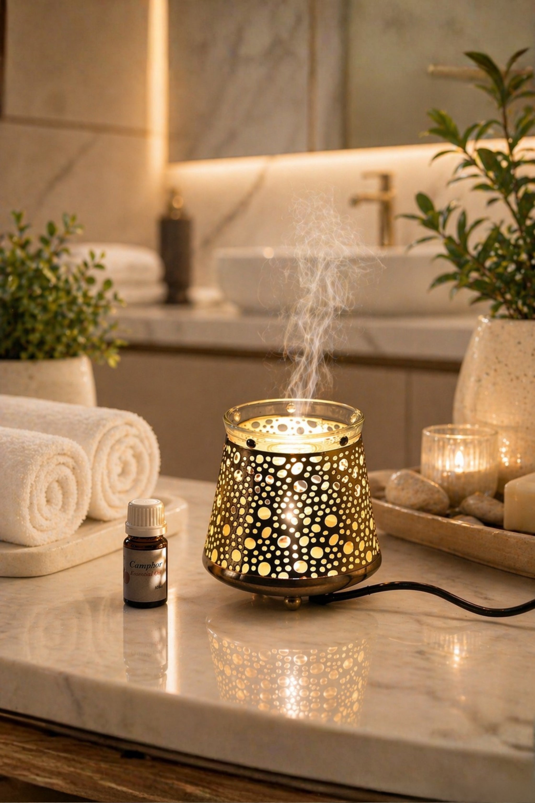 Golden Dome Electric Aroma Diffuser with Perforated Metal Design | Essential Oil Burner Lamp with Glass Bowl for Home, Spa & Relaxation | Decorative Fragrance Diffuser for Bedroom & Gifting