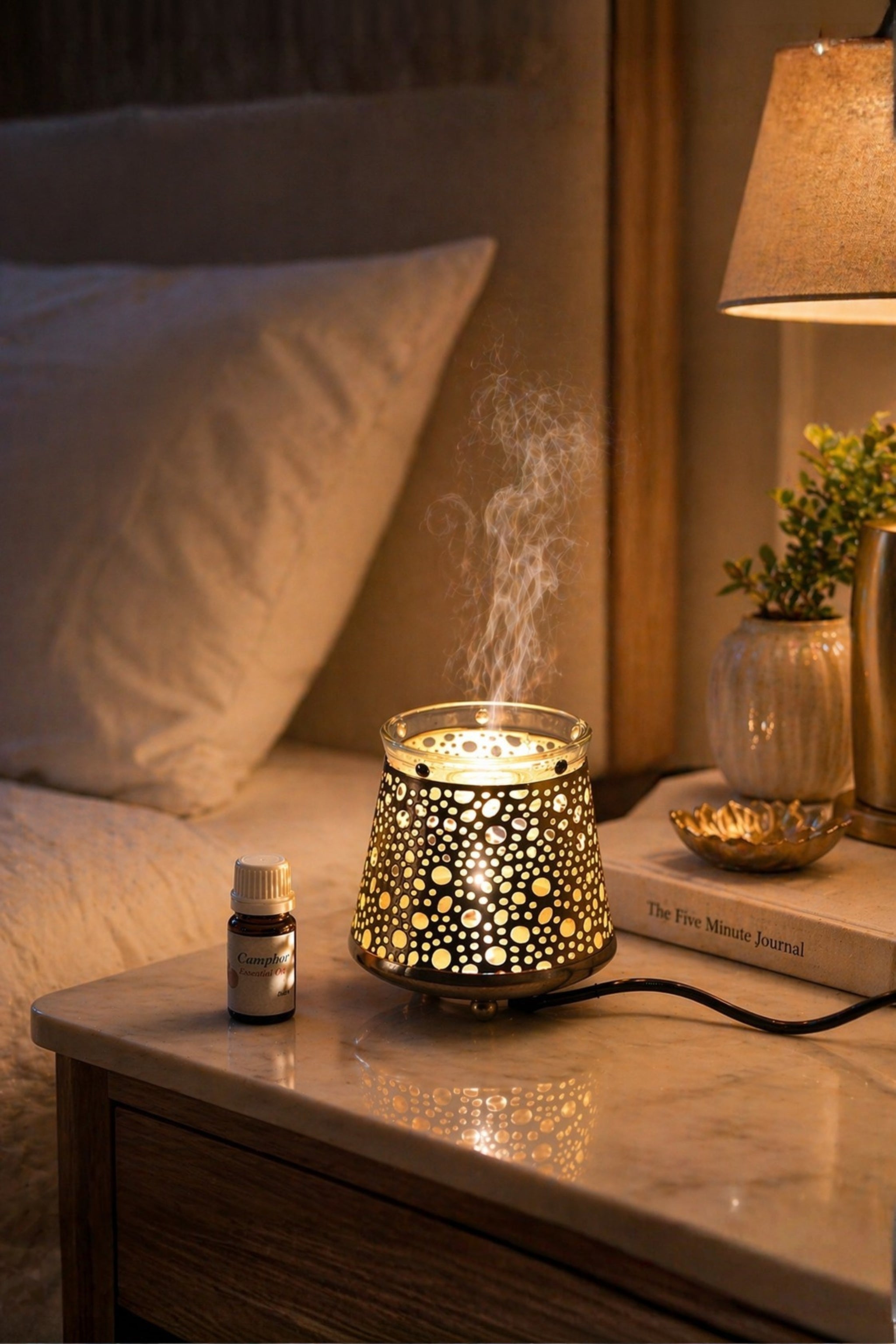 Golden Dome Electric Aroma Diffuser with Perforated Metal Design | Essential Oil Burner Lamp with Glass Bowl for Home, Spa & Relaxation | Decorative Fragrance Diffuser for Bedroom & Gifting