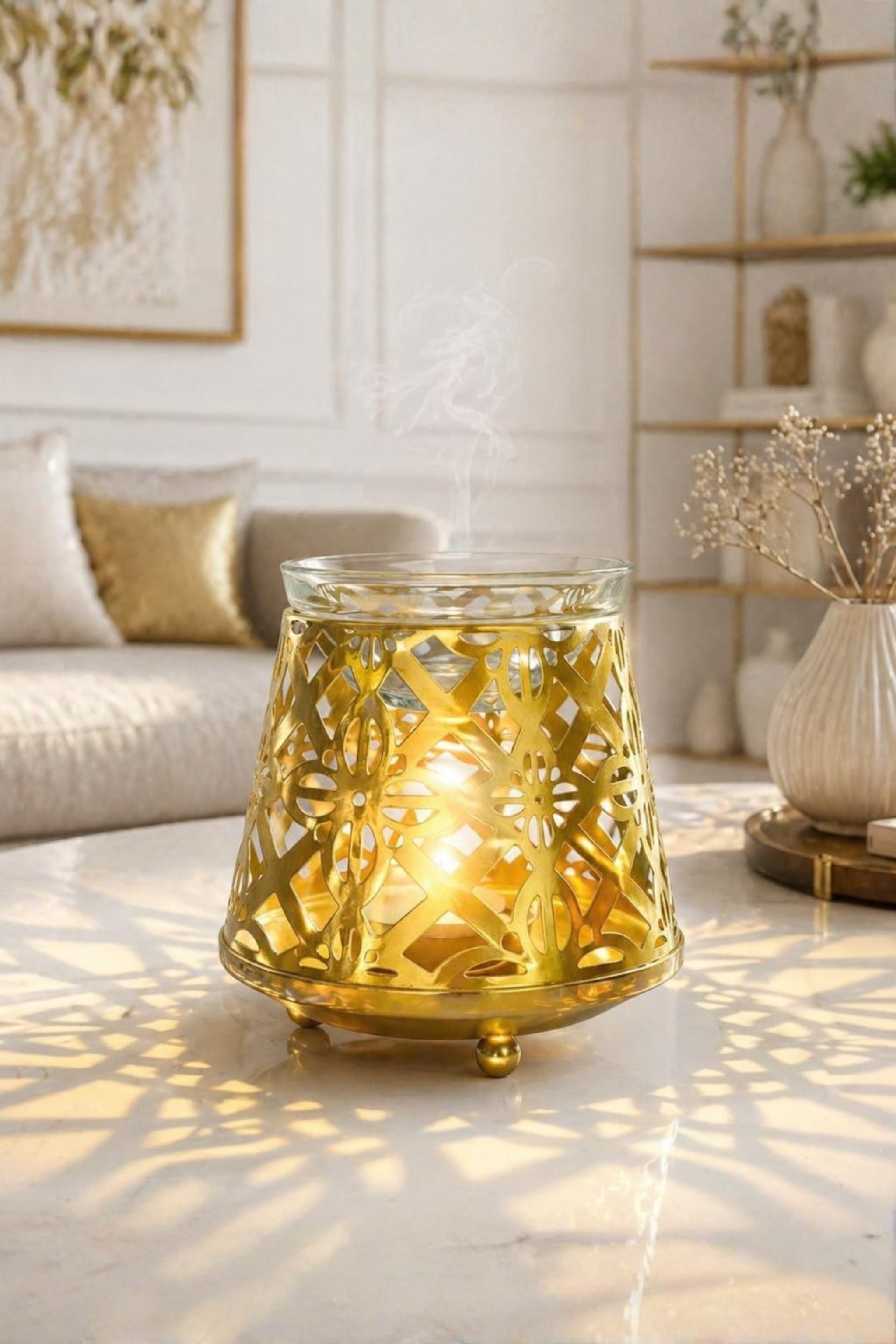 Metal Tea Light Aroma Diffuser For Temple & Home Decor | Golden Cutwork Fragrance Burner With Glass Bowl | Free 10 Ml Aroma Oil & 2 Tea Light Candles