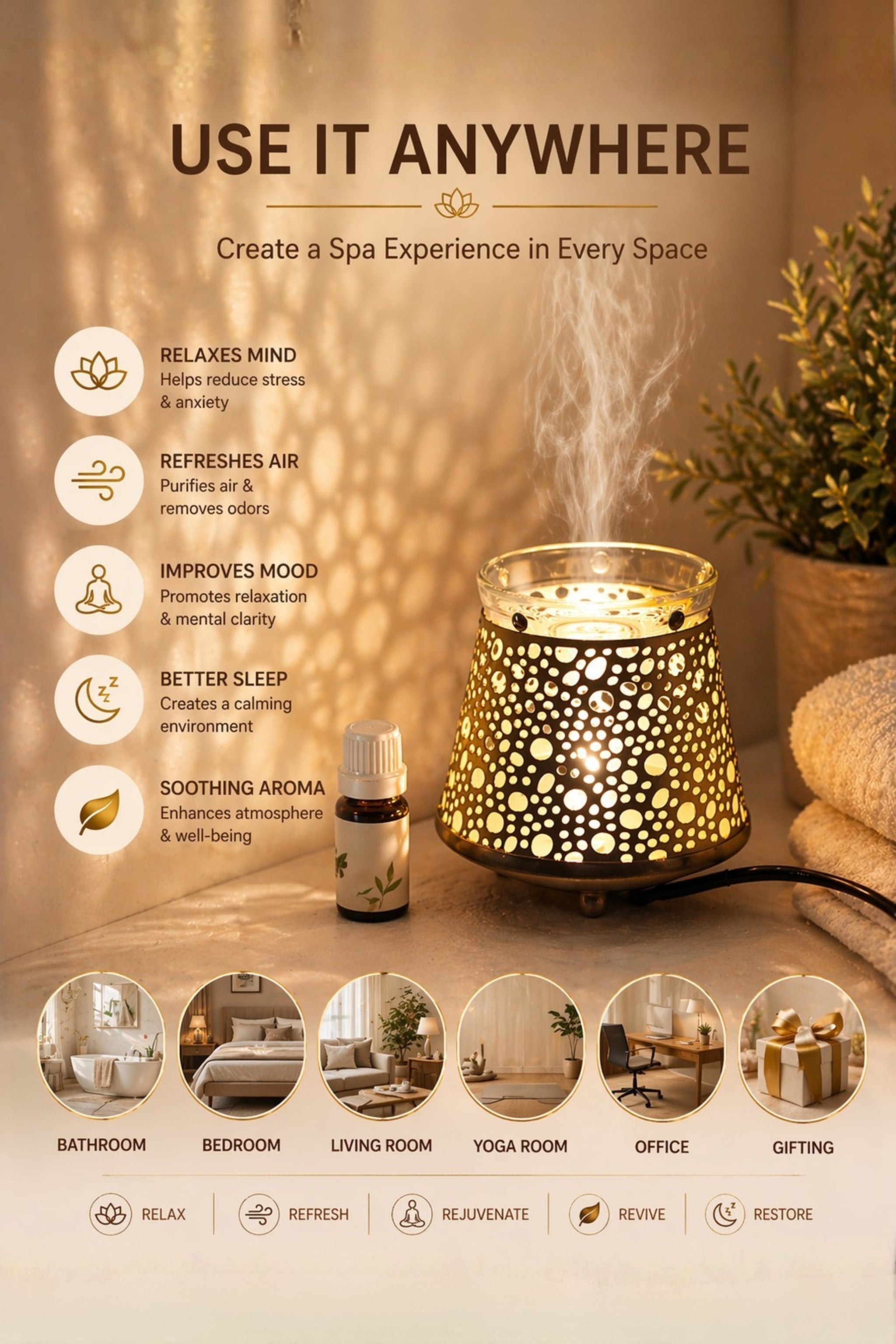 Golden Dome Electric Aroma Diffuser with Perforated Metal Design | Essential Oil Burner Lamp with Glass Bowl for Home, Spa & Relaxation | Decorative Fragrance Diffuser for Bedroom & Gifting