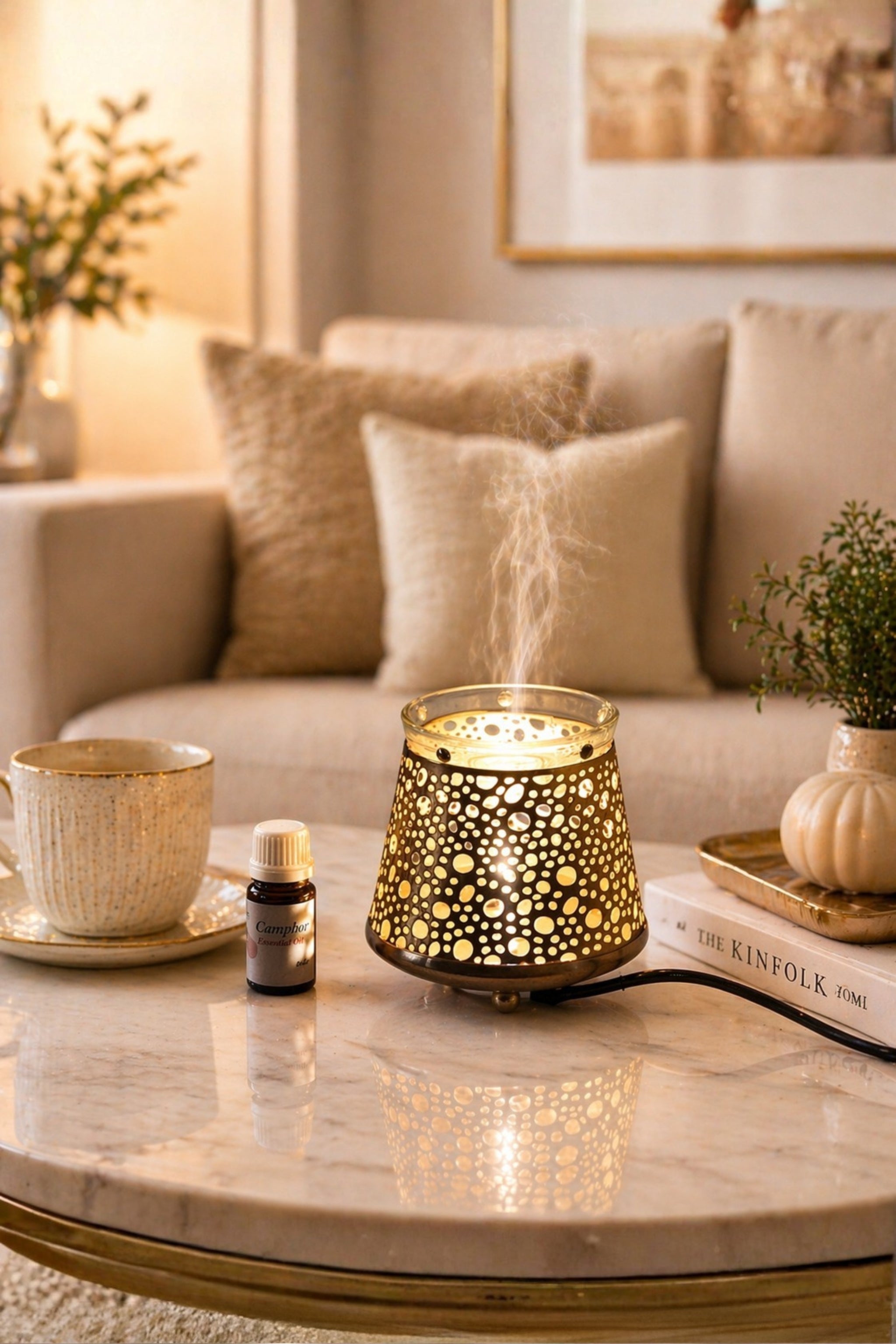 Golden Dome Electric Aroma Diffuser with Perforated Metal Design | Essential Oil Burner Lamp with Glass Bowl for Home, Spa & Relaxation | Decorative Fragrance Diffuser for Bedroom & Gifting