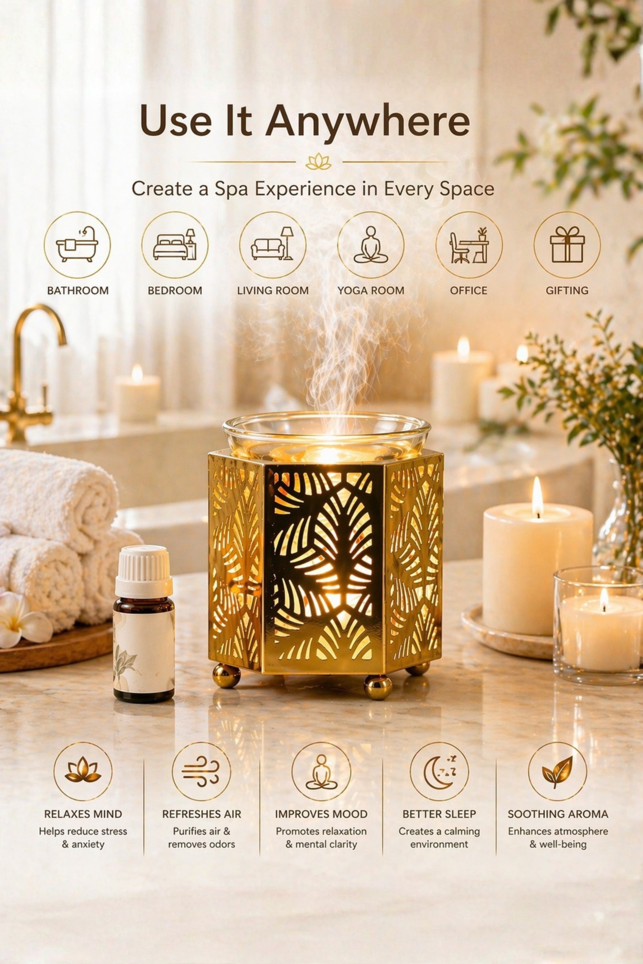 Golden Metal Electric Aroma Diffuser with Leaf Cutwork Design | Essential Oil Burner Lamp with Glass Bowl for Home, Spa & Relaxation | Decorative Fragrance Diffuser for Bedroom & Gifting