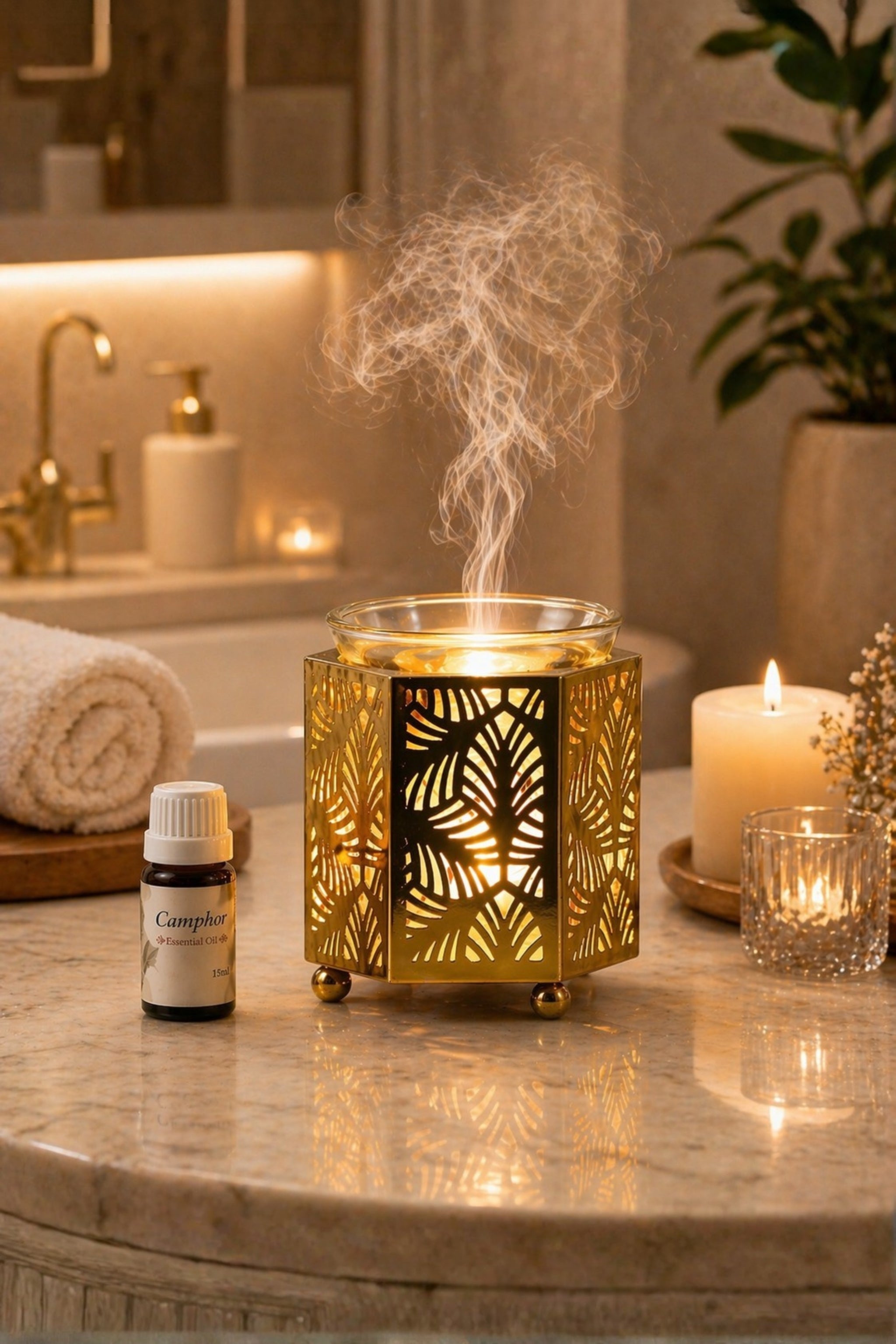 Golden Metal Electric Aroma Diffuser with Leaf Cutwork Design | Essential Oil Burner Lamp with Glass Bowl for Home, Spa & Relaxation | Decorative Fragrance Diffuser for Bedroom & Gifting