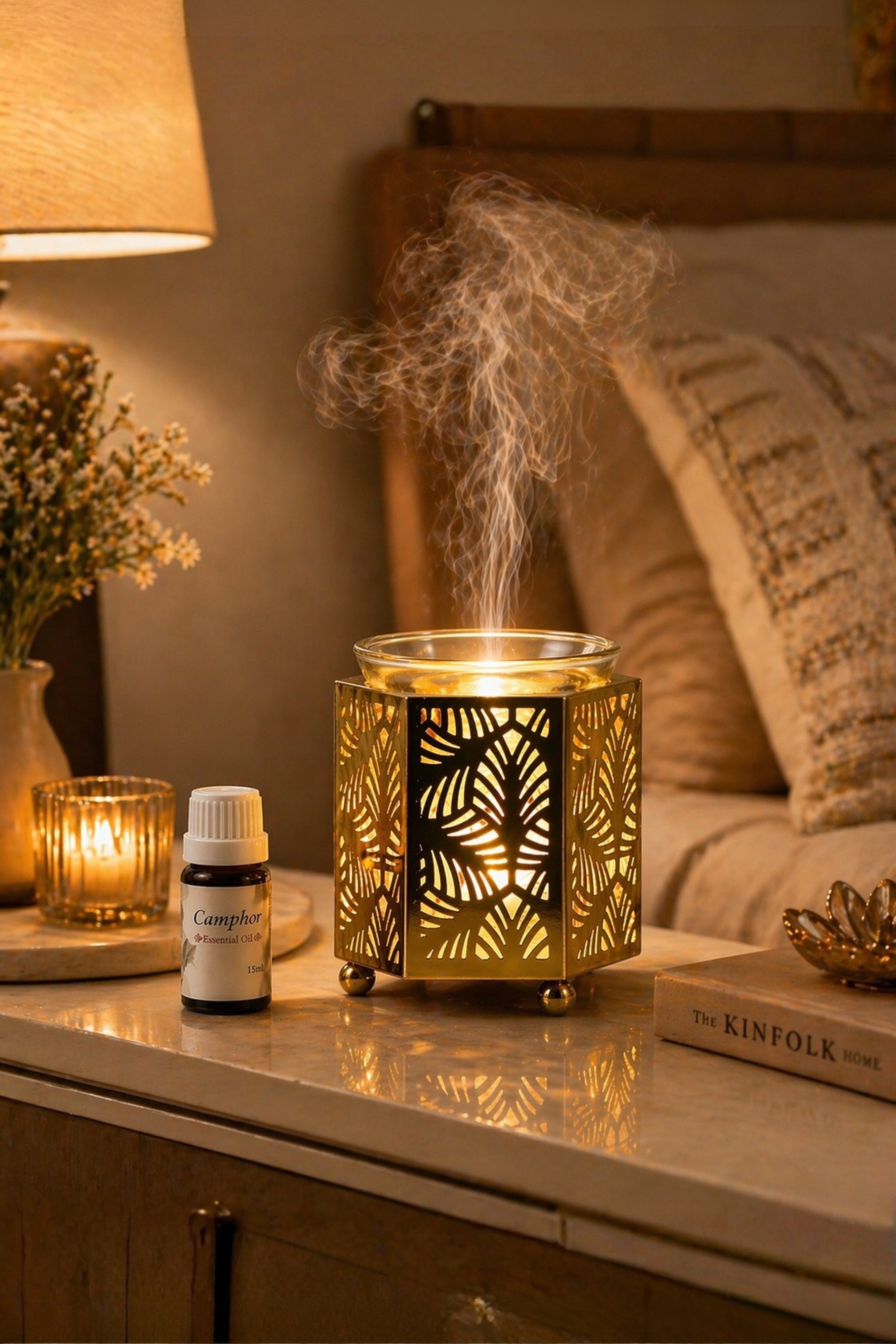 Golden Metal Electric Aroma Diffuser with Leaf Cutwork Design | Essential Oil Burner Lamp with Glass Bowl for Home, Spa & Relaxation | Decorative Fragrance Diffuser for Bedroom & Gifting
