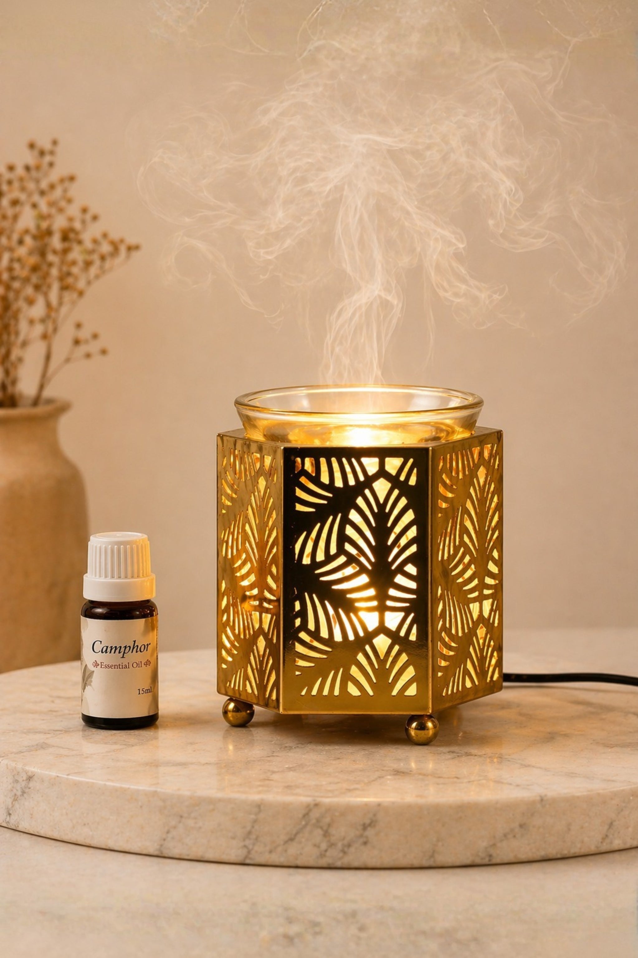 Golden Metal Electric Aroma Diffuser with Leaf Cutwork Design | Essential Oil Burner Lamp with Glass Bowl for Home, Spa & Relaxation | Decorative Fragrance Diffuser for Bedroom & Gifting