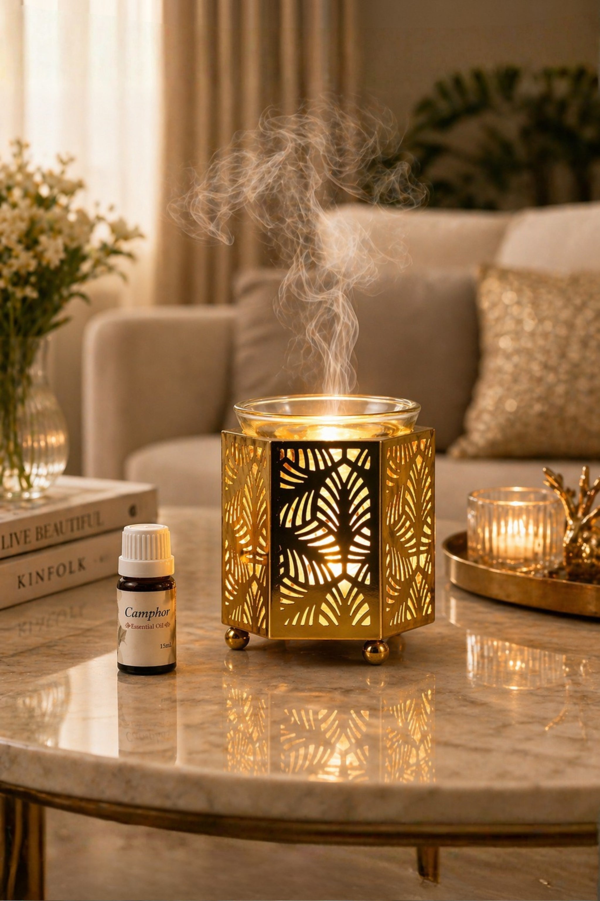 Golden Metal Electric Aroma Diffuser with Leaf Cutwork Design | Essential Oil Burner Lamp with Glass Bowl for Home, Spa & Relaxation | Decorative Fragrance Diffuser for Bedroom & Gifting