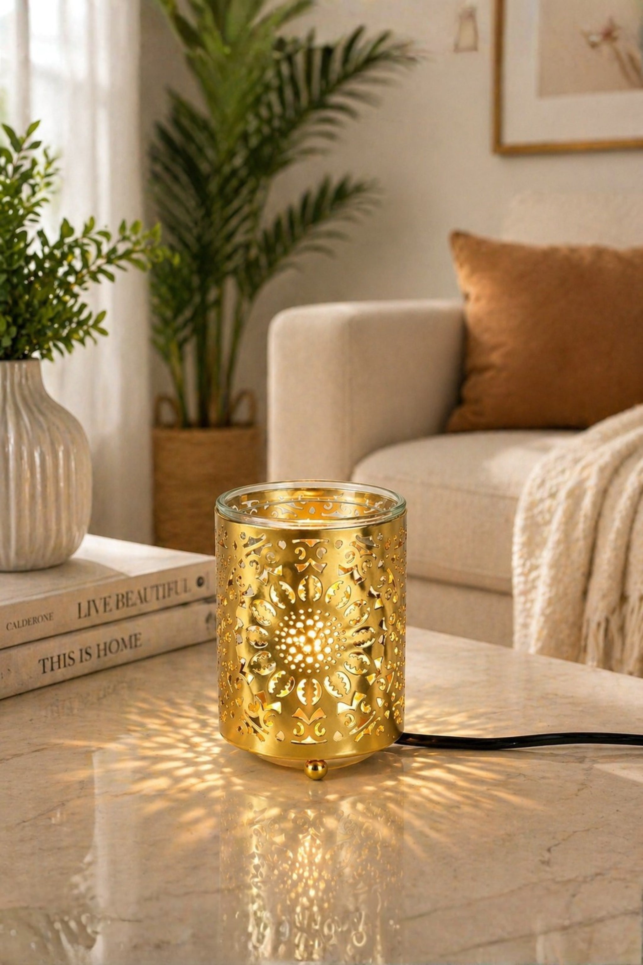 Gold Floral Cutwork Electric Aroma Diffuser Lamp With Cylindrical Design | Essential Oil Burner For Home, Bathroom & Spa | Includes Free Glass Bowl, 10ml Aroma Oil & 2 Electric Bulbs