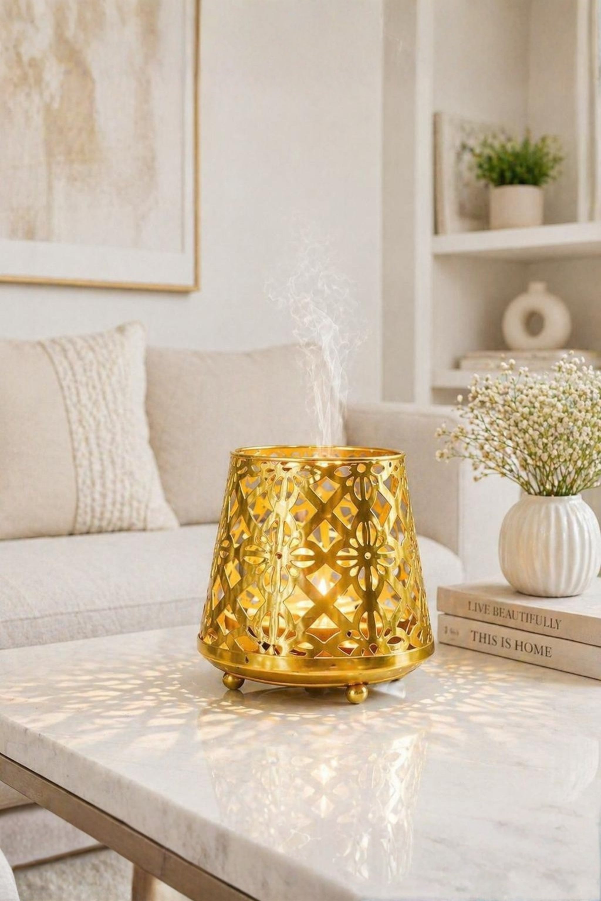 Golden Geometric Tealight Aroma Diffuser with Decorative Cutwork Design | Essential Oil Burner with Glass Bowl for Home, Spa & Relaxation | Fragrance Diffuser with Free 10ml Aroma Oil & 2 Tea Light Candles