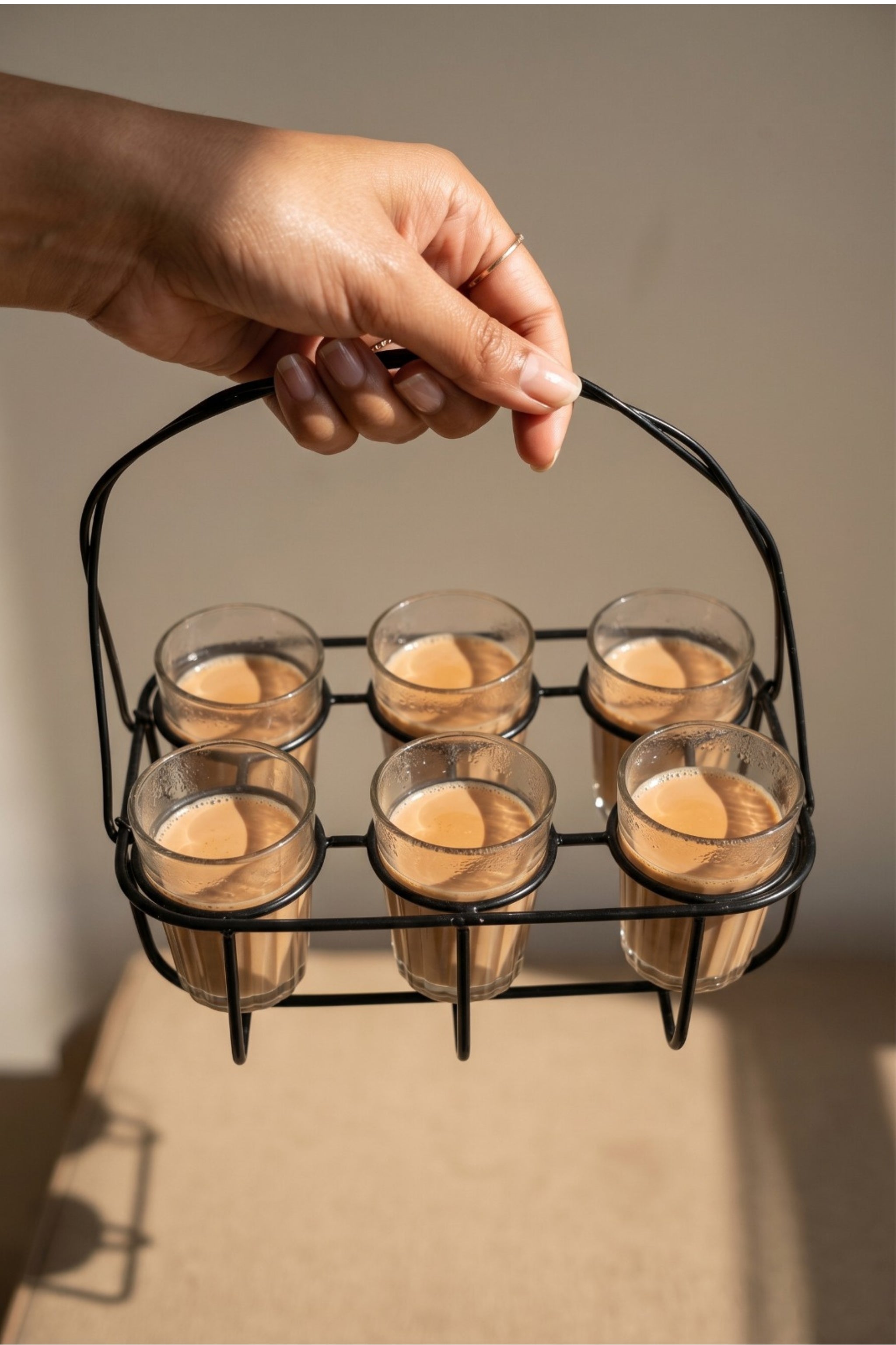 Cutting Chai Glass Set Of 6 With Metal Stand | Transparent Tea Glasses With Iron Holder | Dhaba Style Tea Serving Set For Home Kitchen & Office
