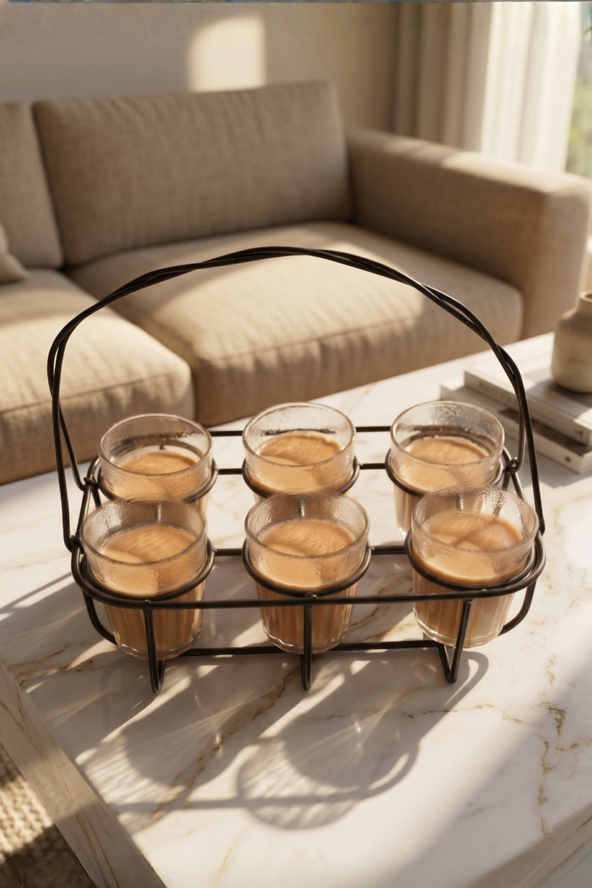 Cutting Chai Glass Set Of 6 With Metal Stand | Transparent Tea Glasses With Iron Holder | Dhaba Style Tea Serving Set For Home Kitchen & Office
