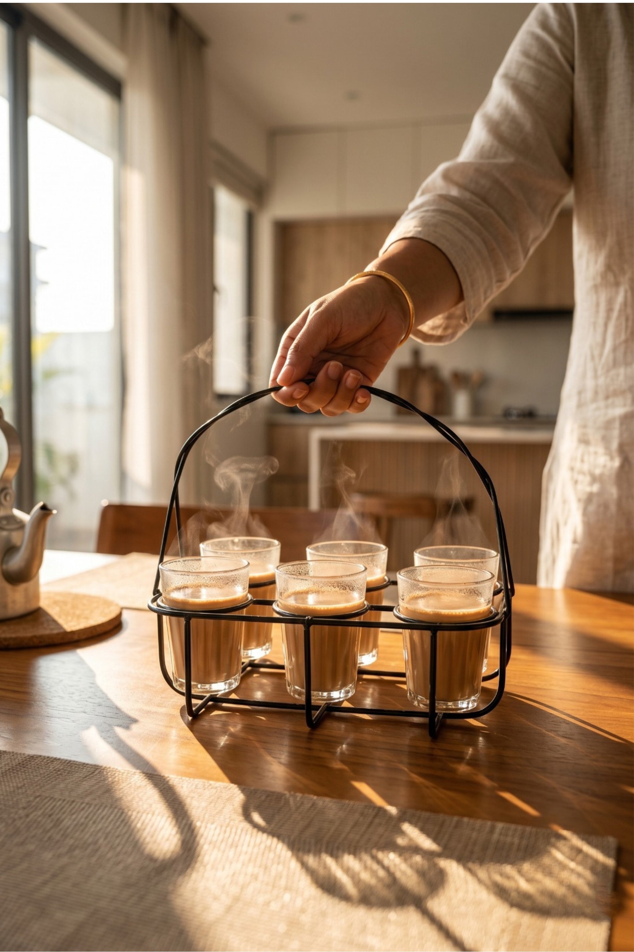 Cutting Chai Glass Set Of 6 With Metal Stand | Transparent Tea Glasses With Iron Holder | Dhaba Style Tea Serving Set For Home Kitchen & Office