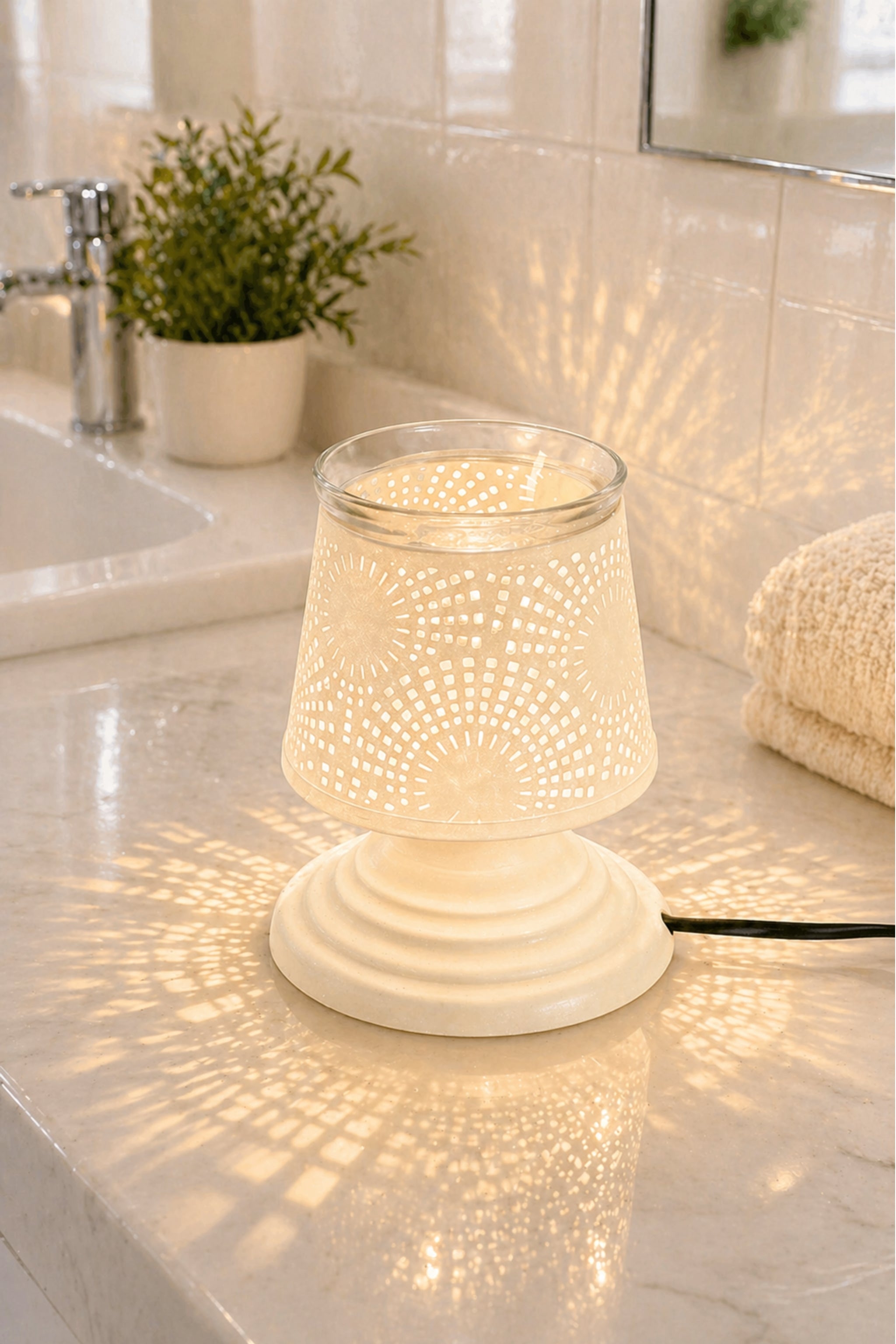 IvoryGlow Sunburst Electric Aroma Diffuser Lamp with Cutwork Design | Essential Oil Burner for Bedroom, Bathroom & Spa | Includes Free Glass Bowl, 10ml Aroma Oil & 2 Bulbs
