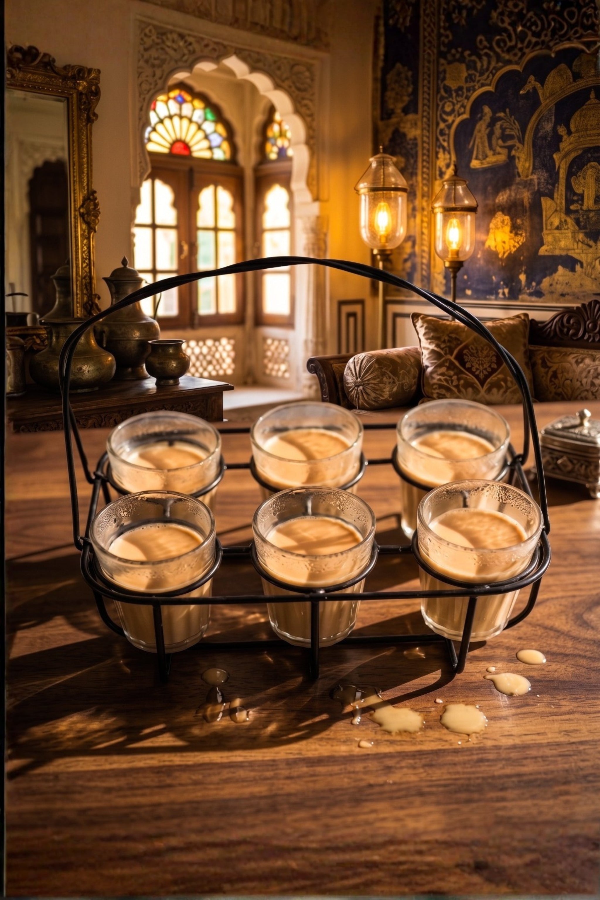 Cutting Chai Glass Set Of 6 With Metal Stand | Transparent Tea Glasses With Iron Holder | Dhaba Style Tea Serving Set For Home Kitchen & Office