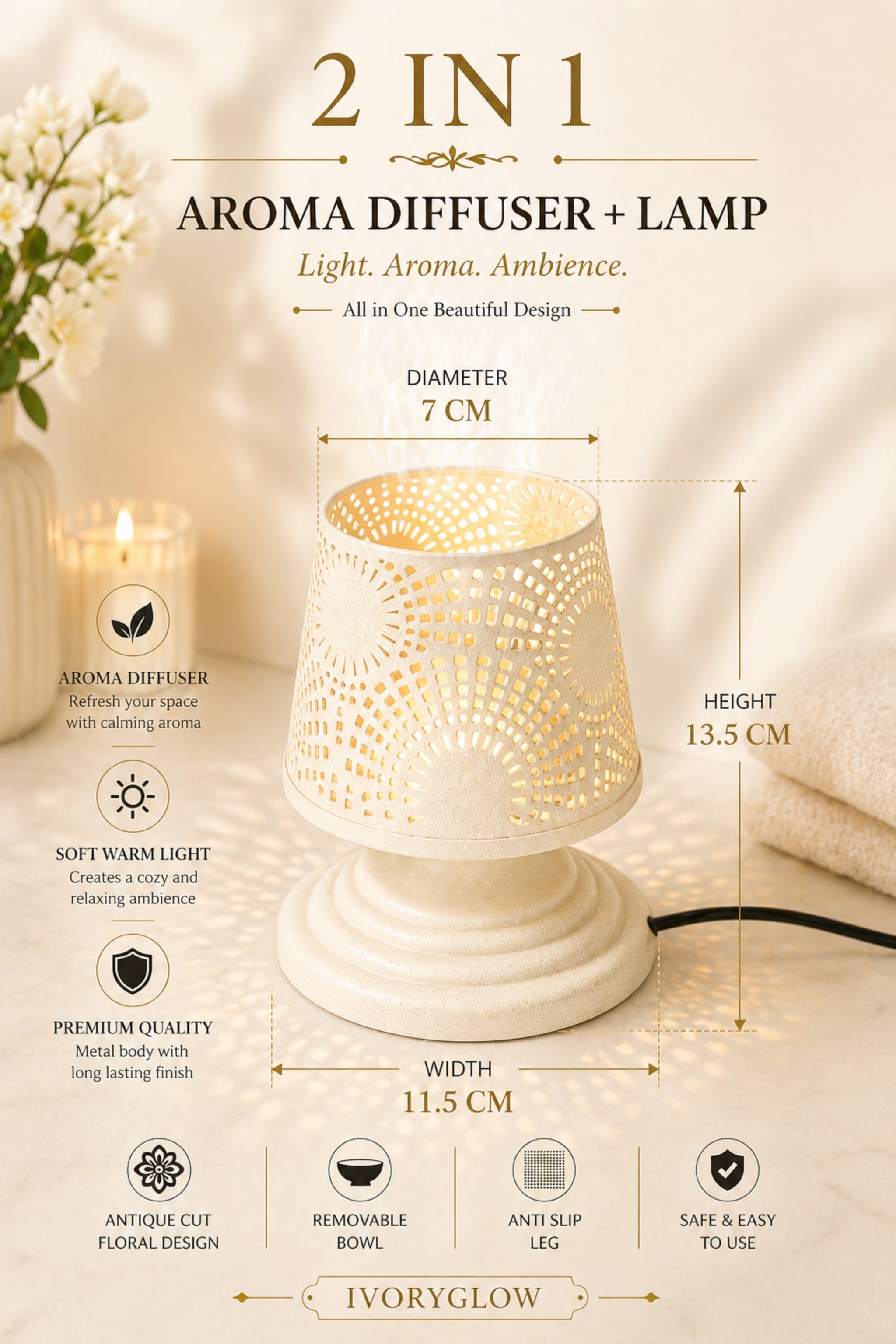 IvoryGlow Sunburst Electric Aroma Diffuser Lamp with Cutwork Design | Essential Oil Burner for Bedroom, Bathroom & Spa | Includes Free Glass Bowl, 10ml Aroma Oil & 2 Bulbs