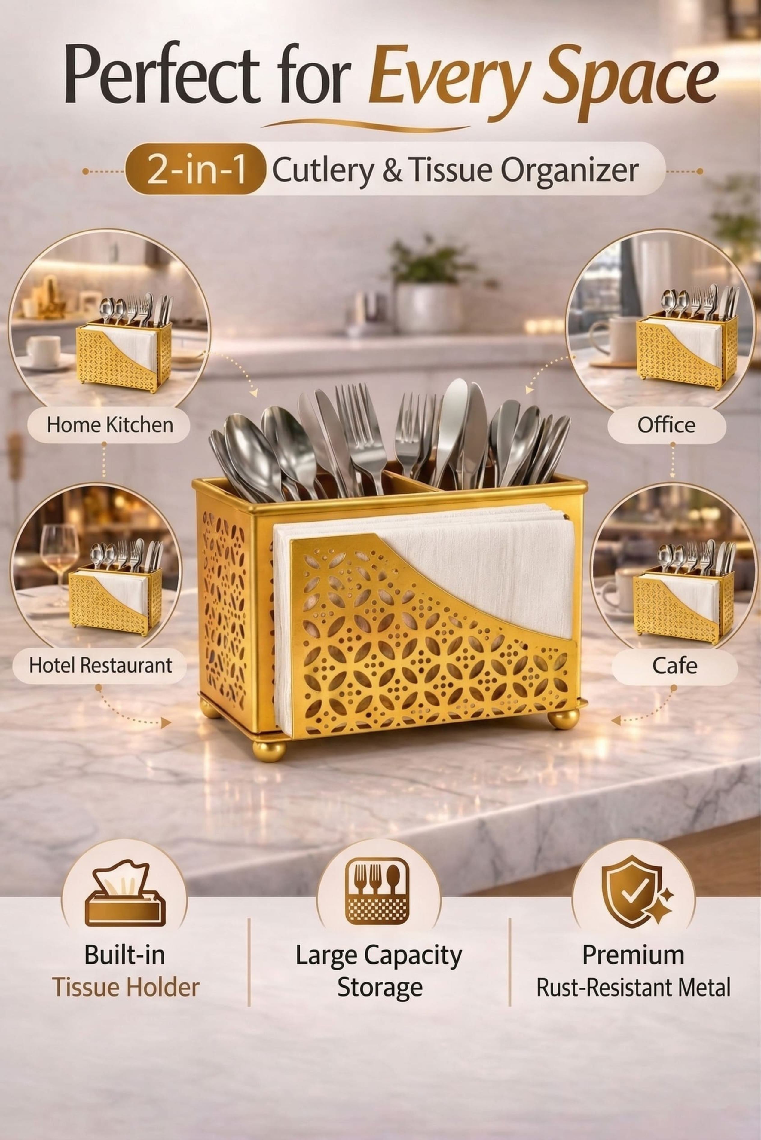 Premium 2-in-1 Cutlery & Napkin Holder | Elegant Gold Metal Organizer with Laser Cut Floral Design | Tabletop Storage for Spoons, Forks, Knives & Tissue | Kitchen & Dining Décor
