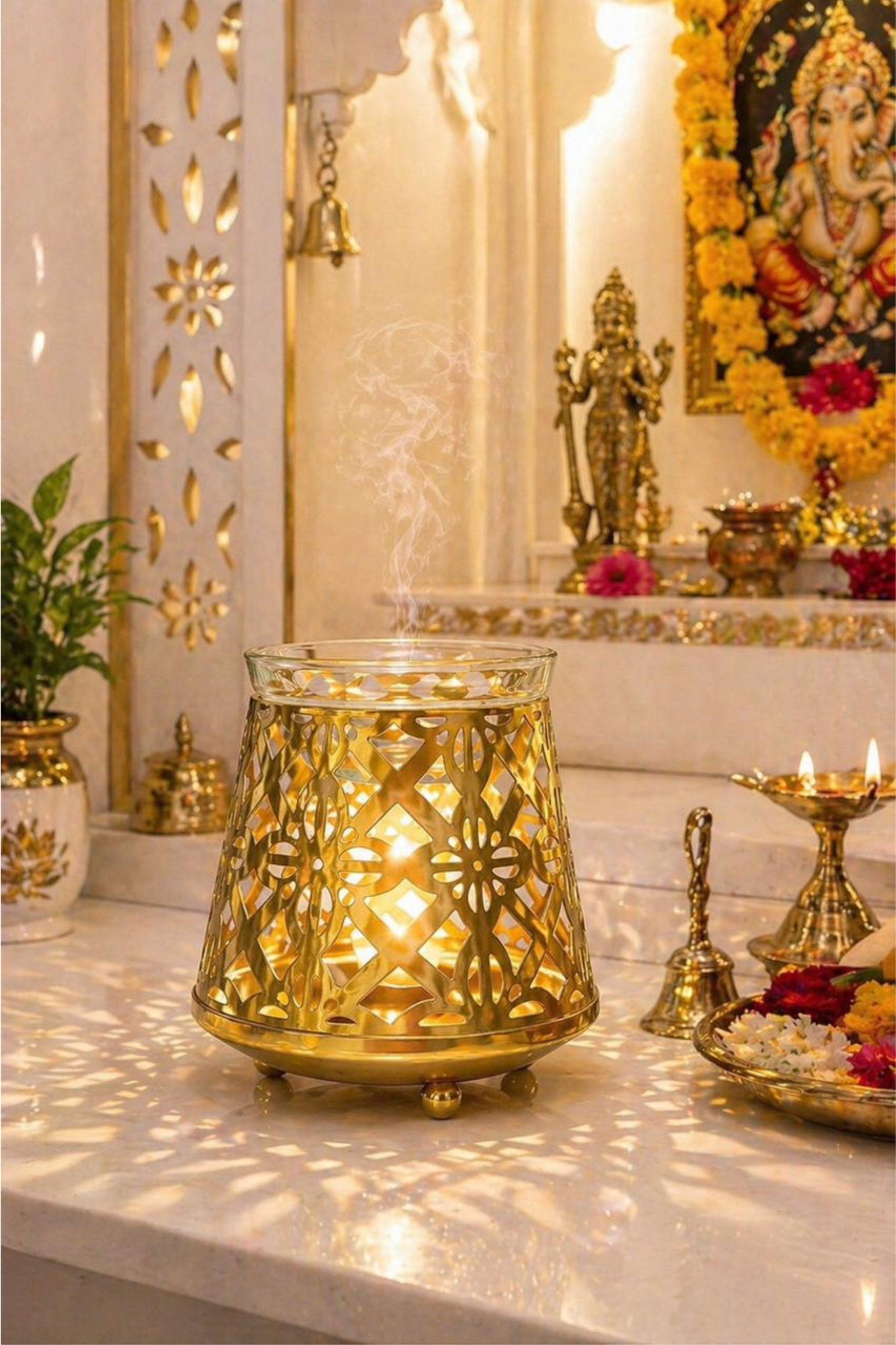 Metal Tea Light Aroma Diffuser For Temple & Home Decor | Golden Cutwork Fragrance Burner With Glass Bowl | Free 10 Ml Aroma Oil & 2 Tea Light Candles