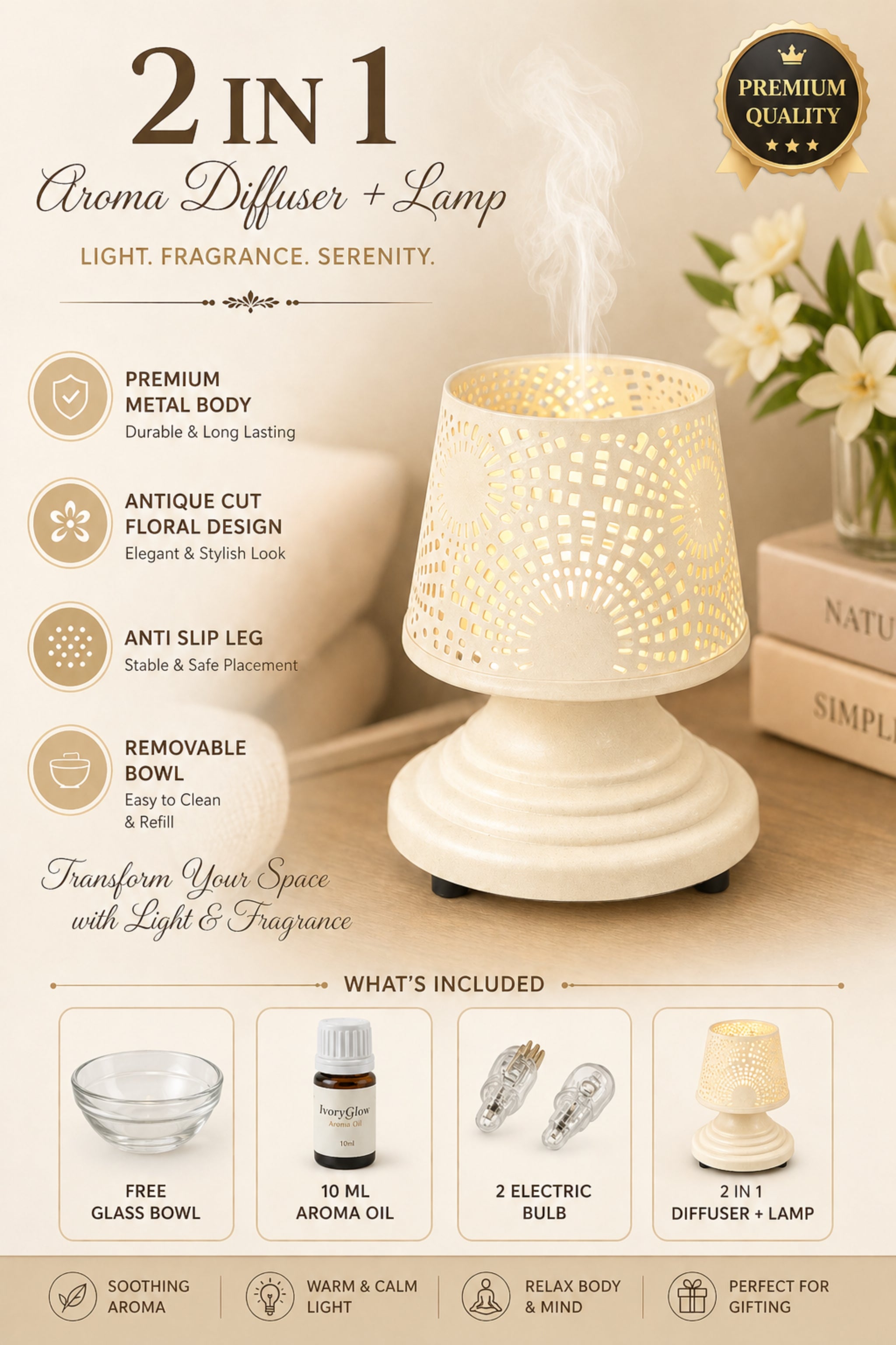 IvoryGlow Sunburst Electric Aroma Diffuser Lamp with Cutwork Design | Essential Oil Burner for Bedroom, Bathroom & Spa | Includes Free Glass Bowl, 10ml Aroma Oil & 2 Bulbs