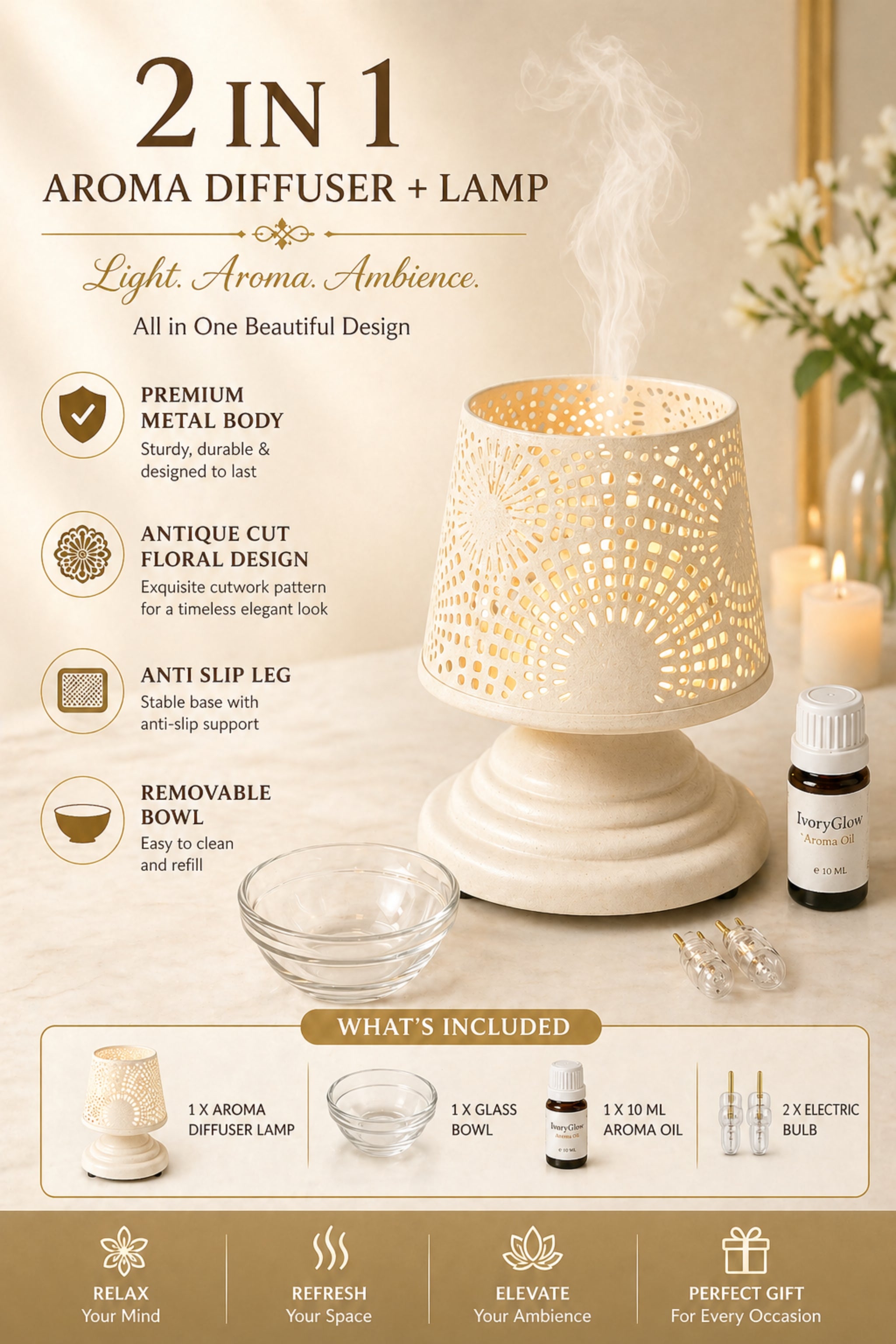 IvoryGlow Sunburst Electric Aroma Diffuser Lamp with Cutwork Design | Essential Oil Burner for Bedroom, Bathroom & Spa | Includes Free Glass Bowl, 10ml Aroma Oil & 2 Bulbs