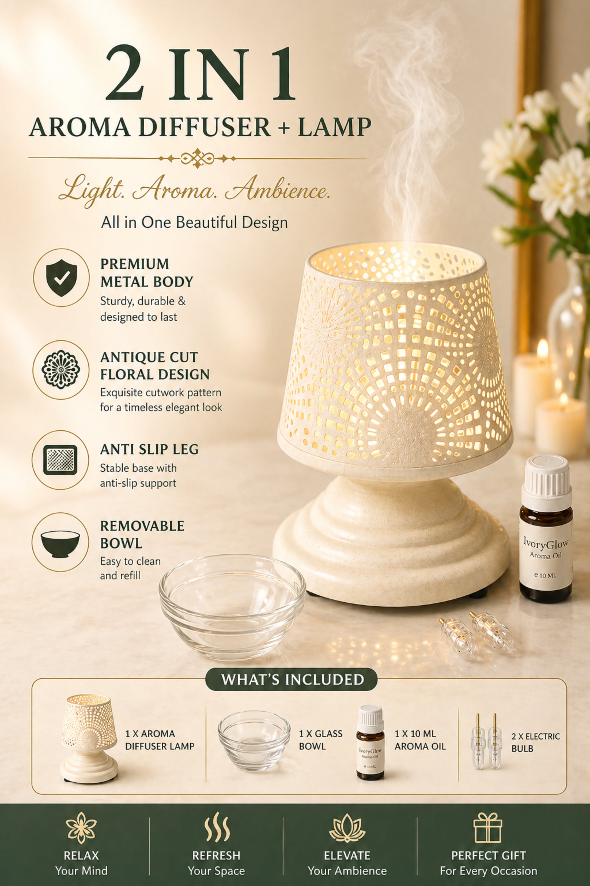 IvoryGlow Sunburst Electric Aroma Diffuser Lamp with Cutwork Design | Essential Oil Burner for Bedroom, Bathroom & Spa | Includes Free Glass Bowl, 10ml Aroma Oil & 2 Bulbs