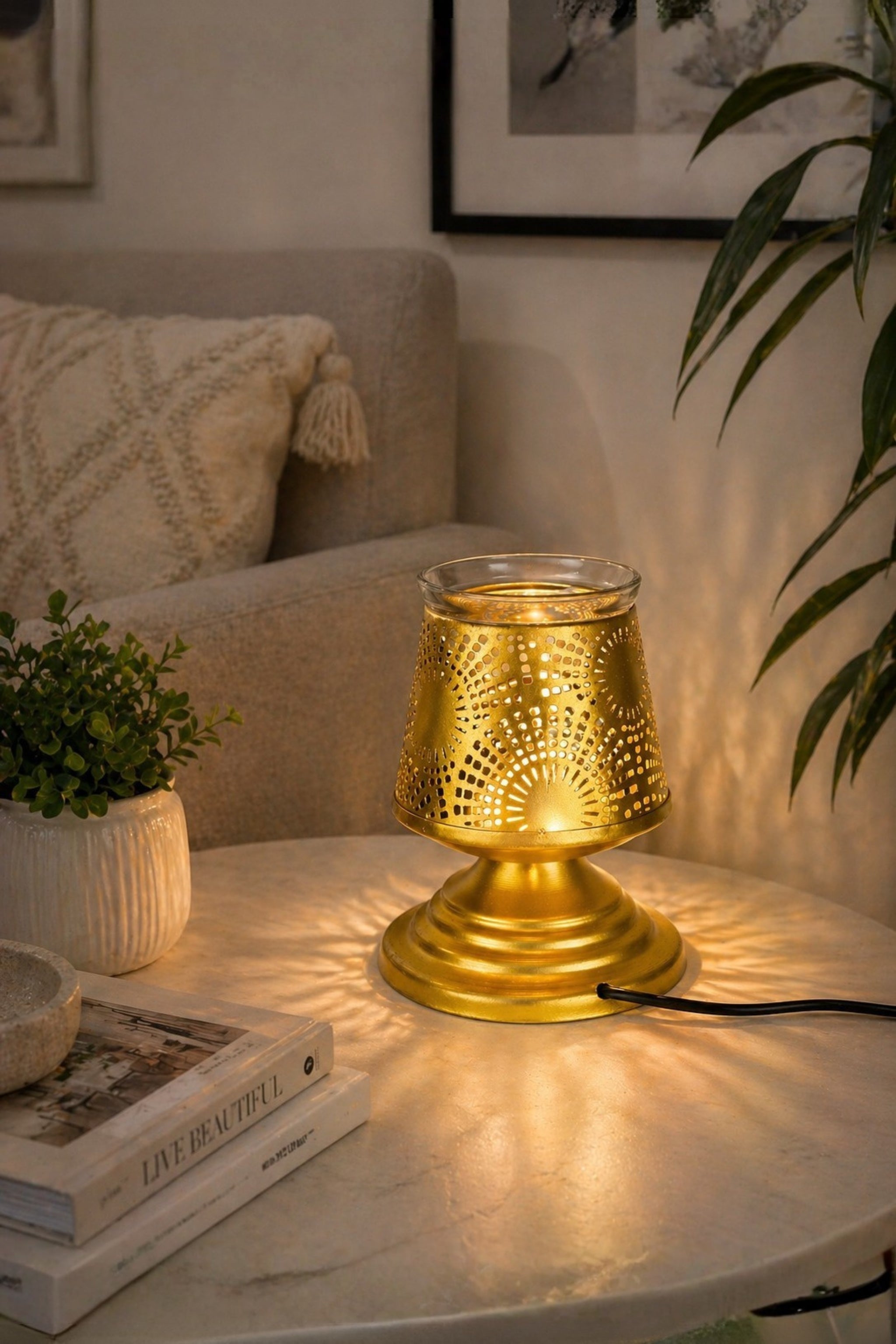 Premium Metal Aroma Diffuser Lamp with Glass Bowl | Elegant Cutwork Electric Oil Burner | Warm Ambient Light Aromatherapy Diffuser | Decorative Fragrance Lamp for Home, Office & Gifting