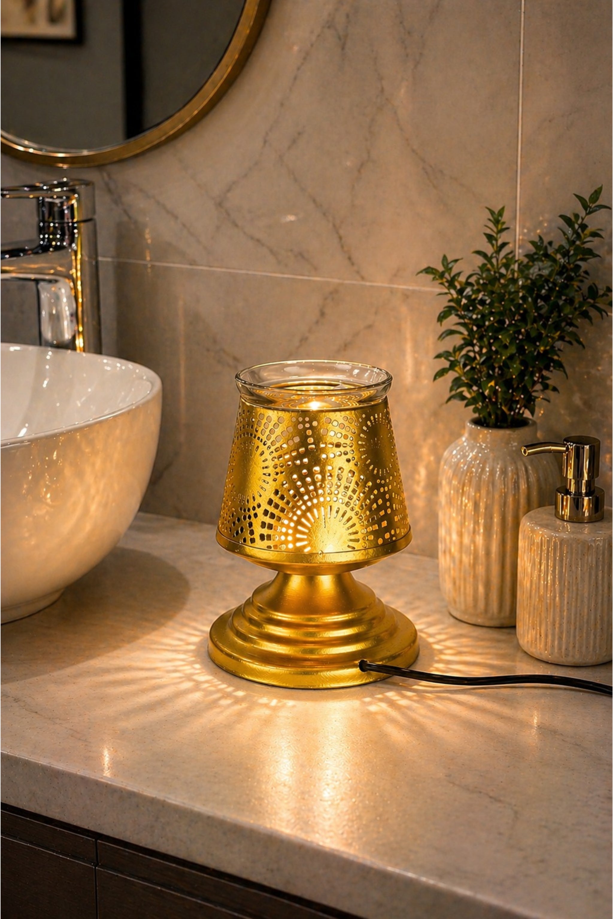 Premium Metal Aroma Diffuser Lamp with Glass Bowl | Elegant Cutwork Electric Oil Burner | Warm Ambient Light Aromatherapy Diffuser | Decorative Fragrance Lamp for Home, Office & Gifting