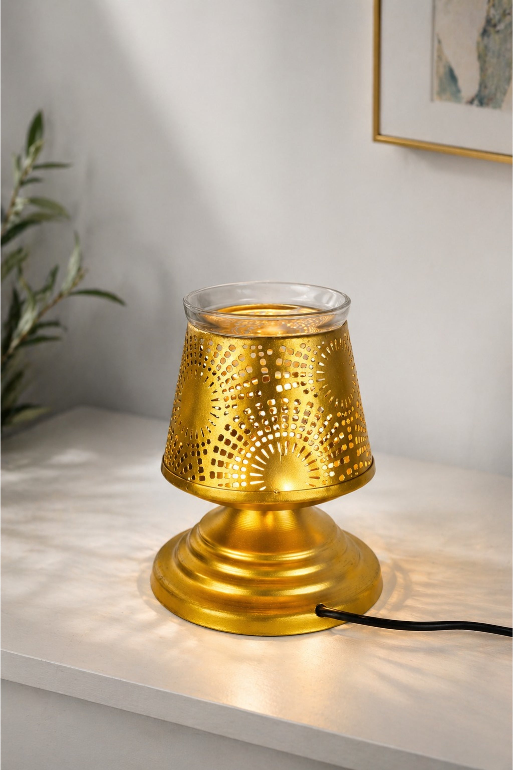 Premium Metal Aroma Diffuser Lamp with Glass Bowl | Elegant Cutwork Electric Oil Burner | Warm Ambient Light Aromatherapy Diffuser | Decorative Fragrance Lamp for Home, Office & Gifting